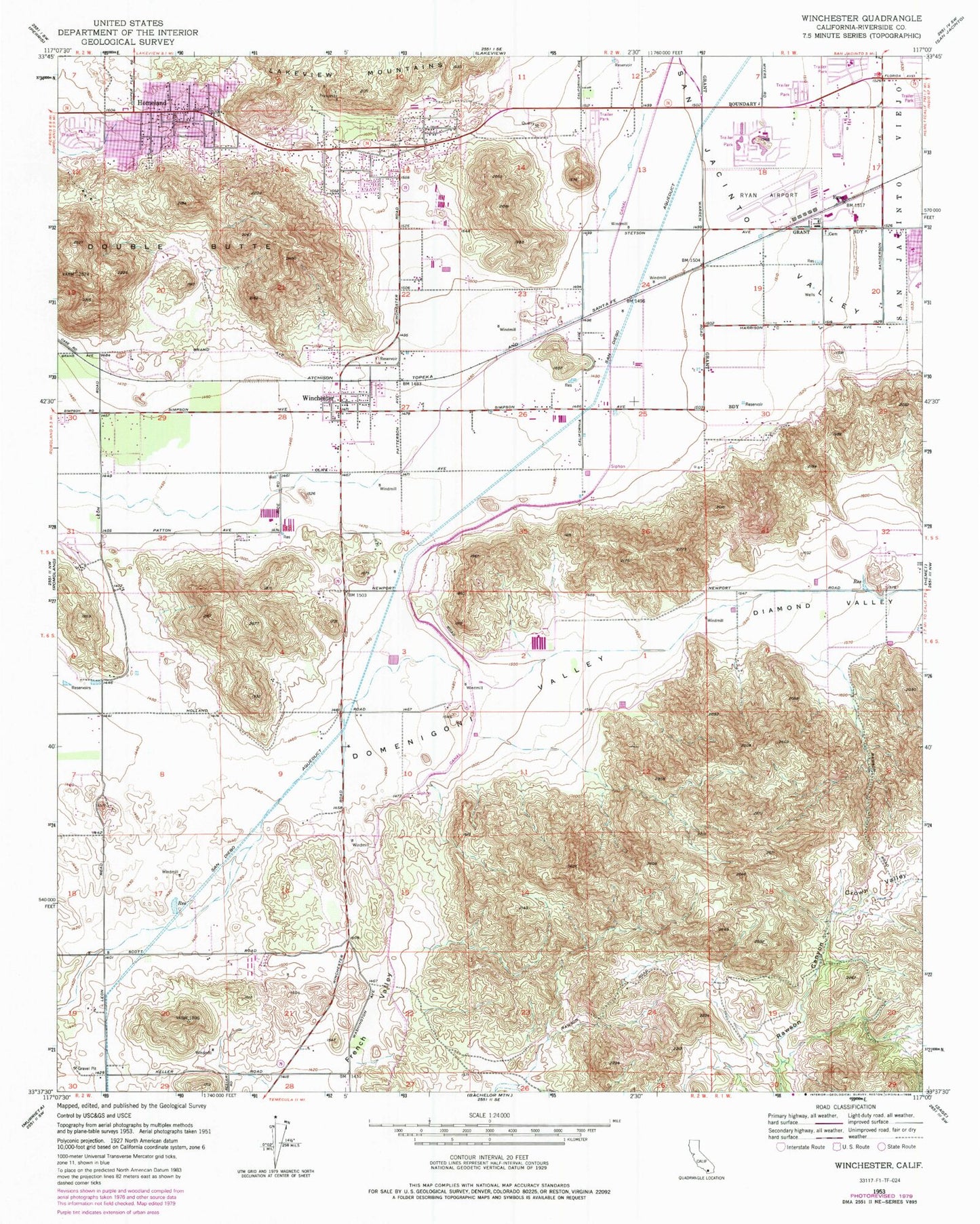 Classic USGS Winchester California 7.5'x7.5' Topo Map Image