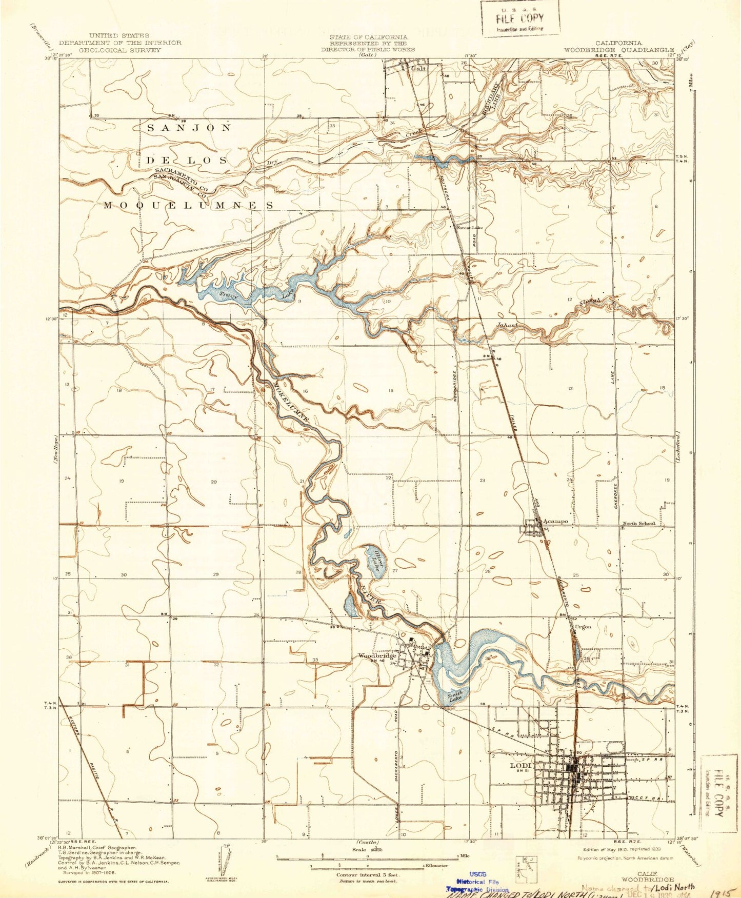 Classic USGS Lodi North California 7.5'x7.5' Topo Map Image