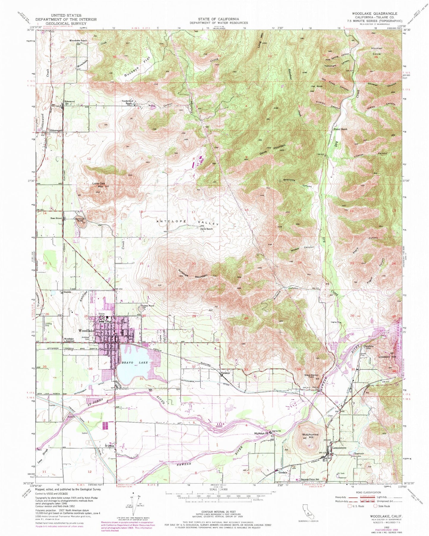 Classic USGS Woodlake California 7.5'x7.5' Topo Map Image