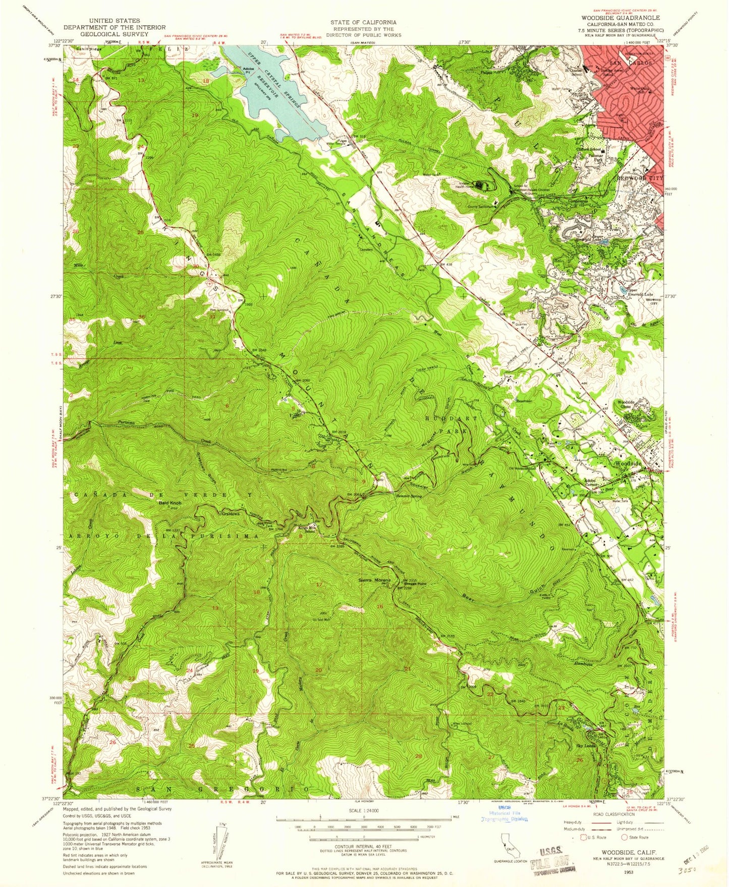 Classic USGS Woodside California 7.5'x7.5' Topo Map Image