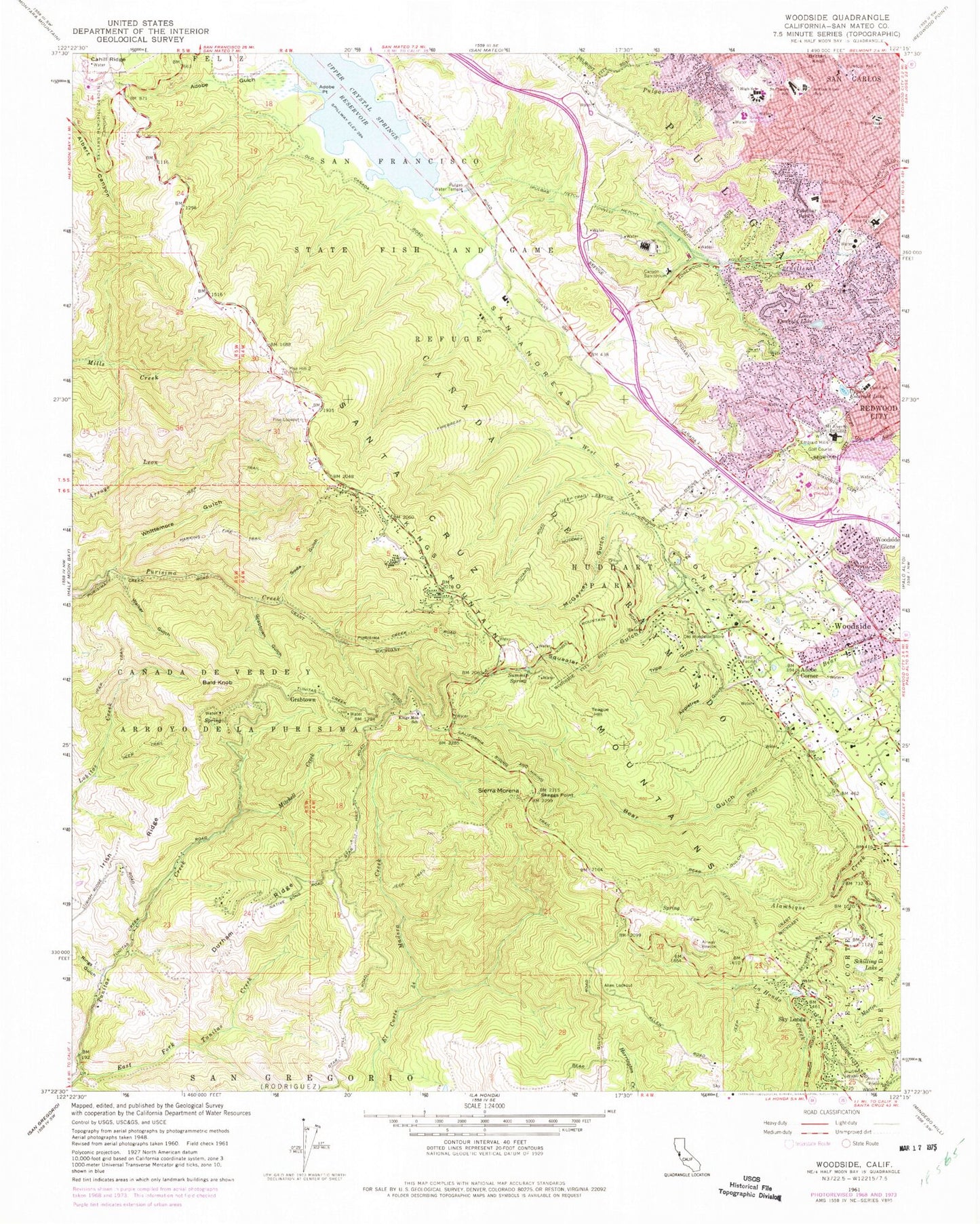 Classic USGS Woodside California 7.5'x7.5' Topo Map Image