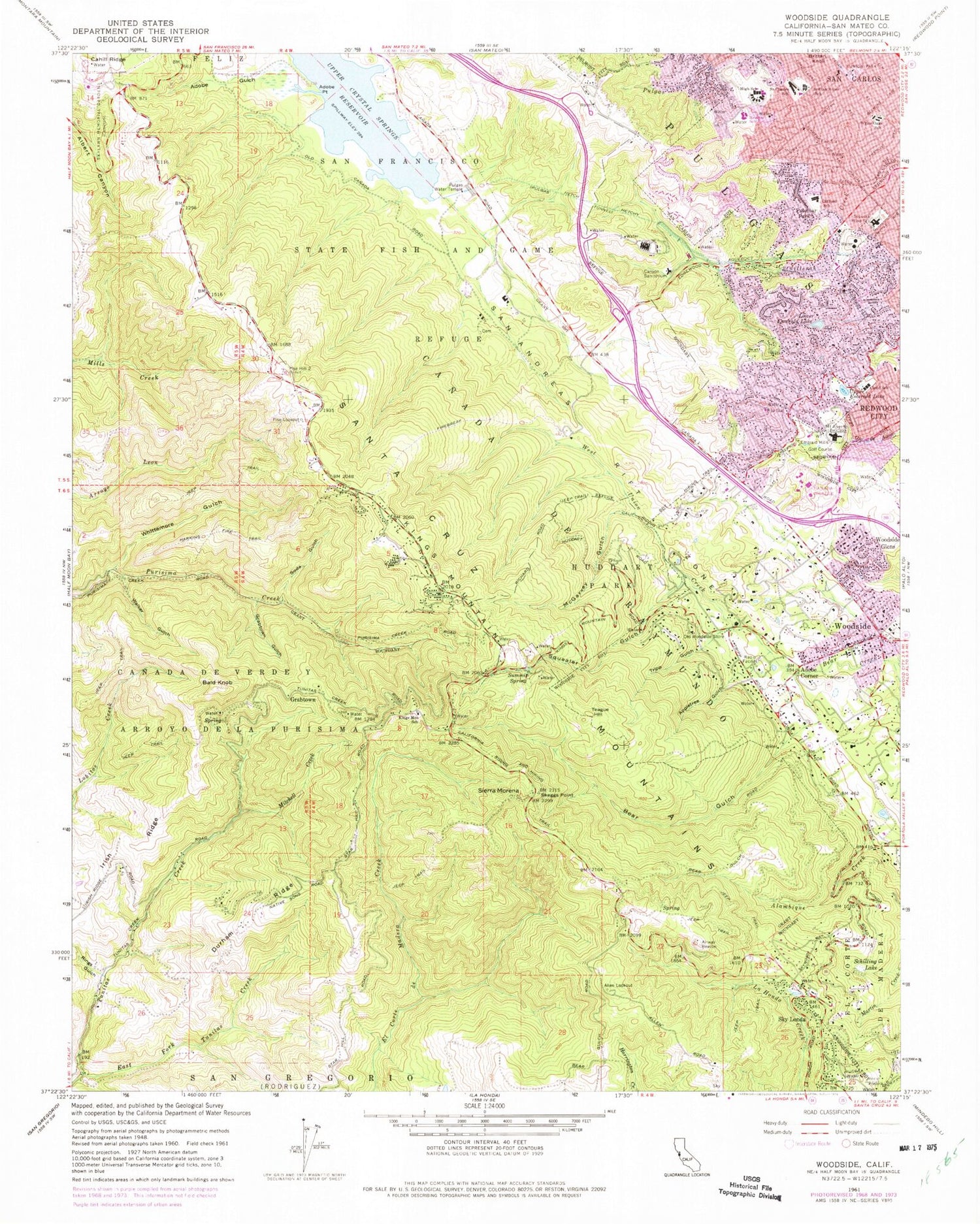 Classic USGS Woodside California 7.5'x7.5' Topo Map Image