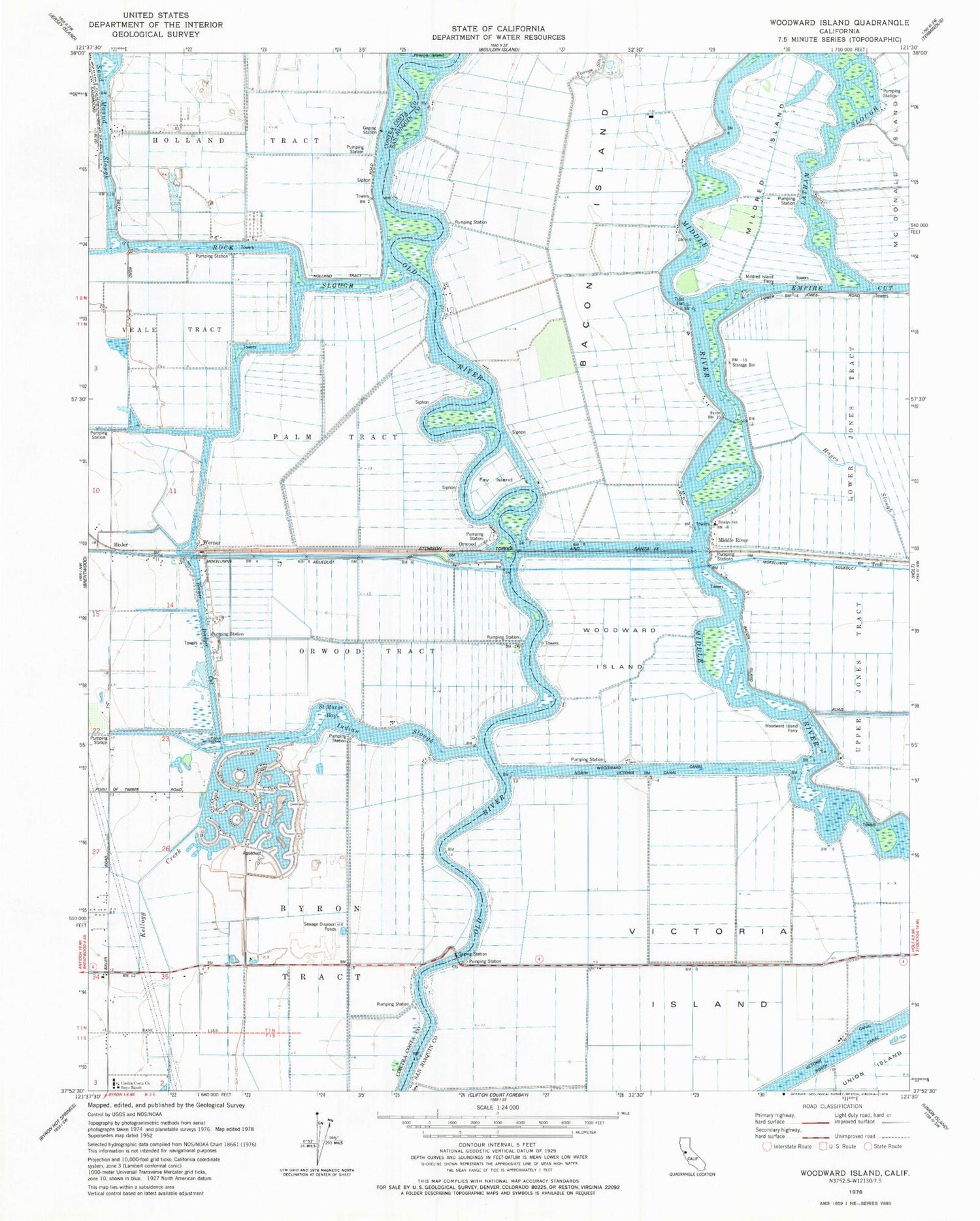Classic USGS Woodward Island California 7.5'x7.5' Topo Map Image