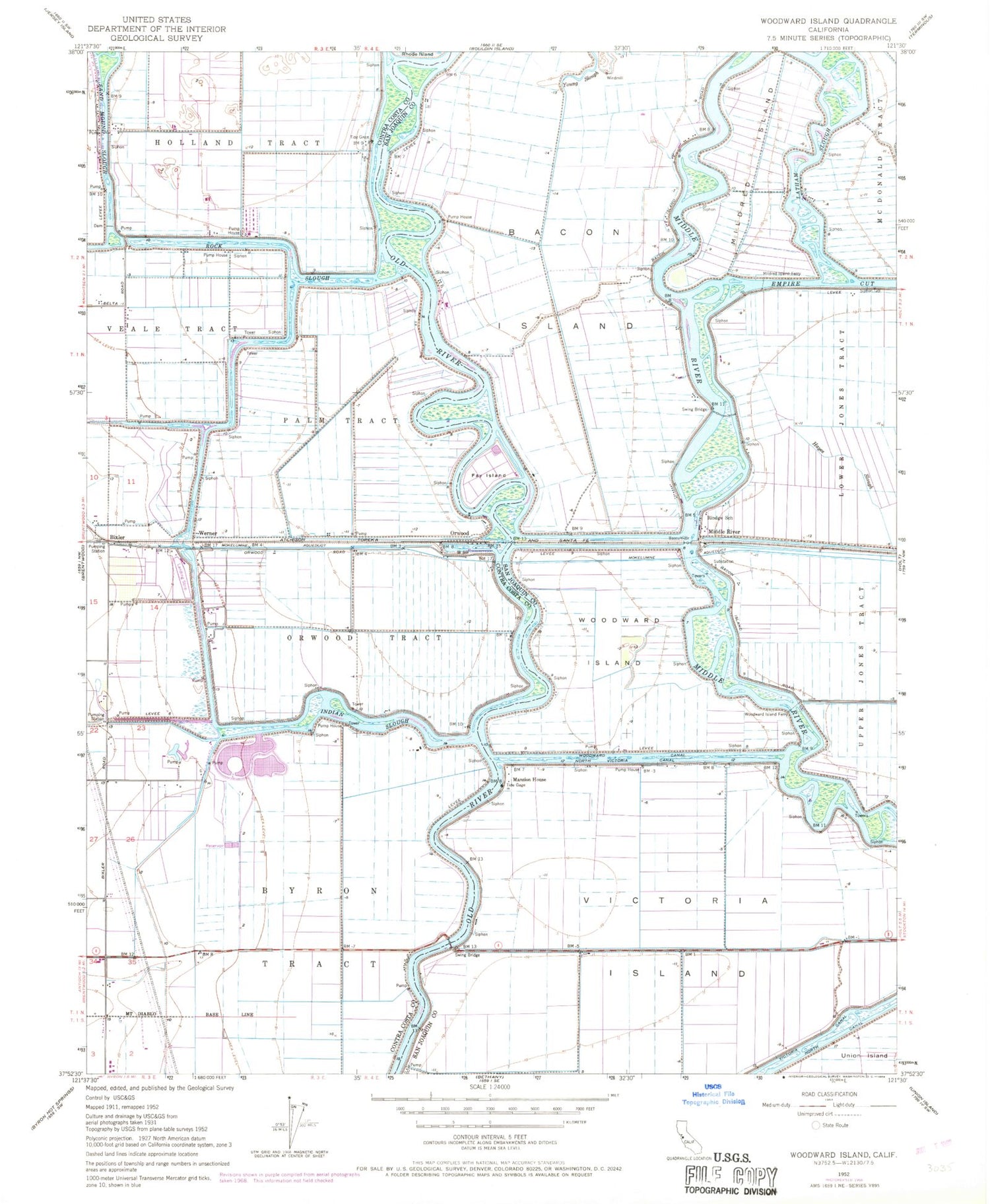 Classic USGS Woodward Island California 7.5'x7.5' Topo Map Image