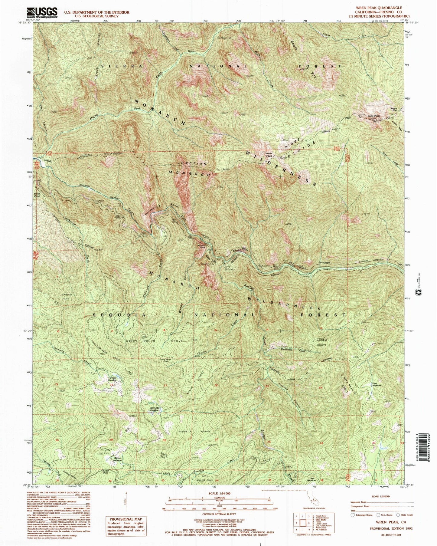 Classic USGS Wren Peak California 7.5'x7.5' Topo Map Image