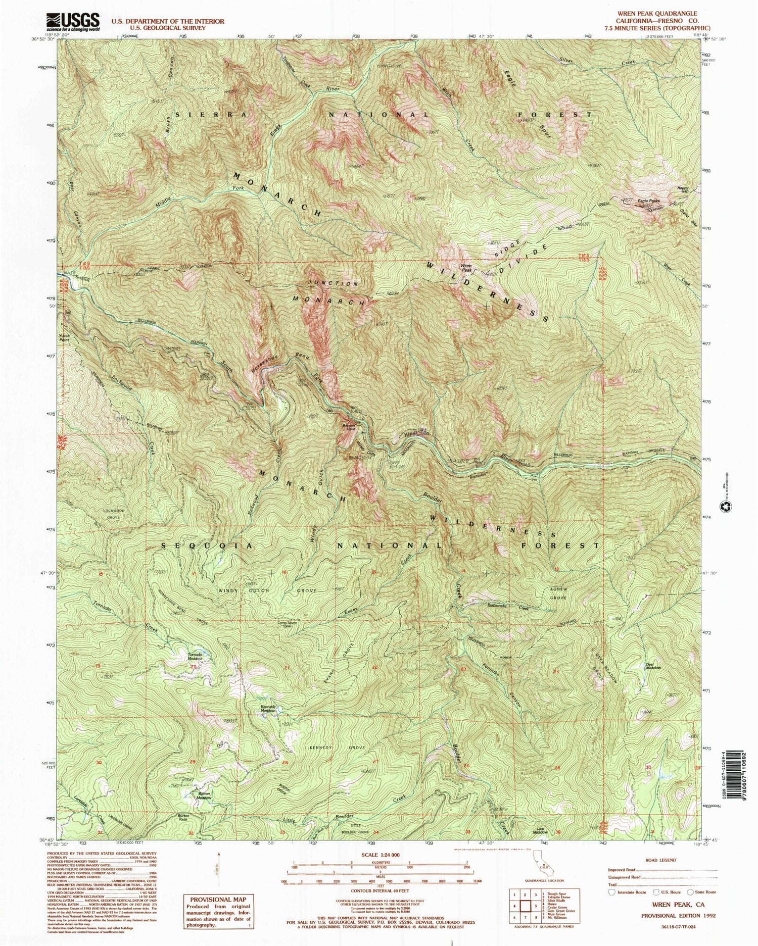 Classic USGS Wren Peak California 7.5'x7.5' Topo Map Image