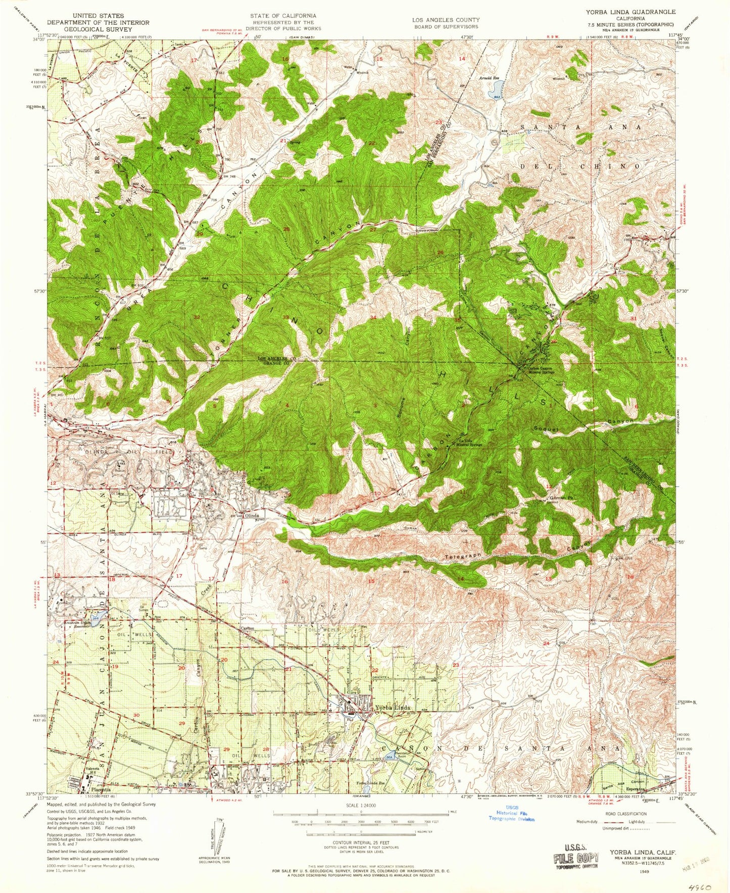 Classic USGS Yorba Linda California 7.5'x7.5' Topo Map Image