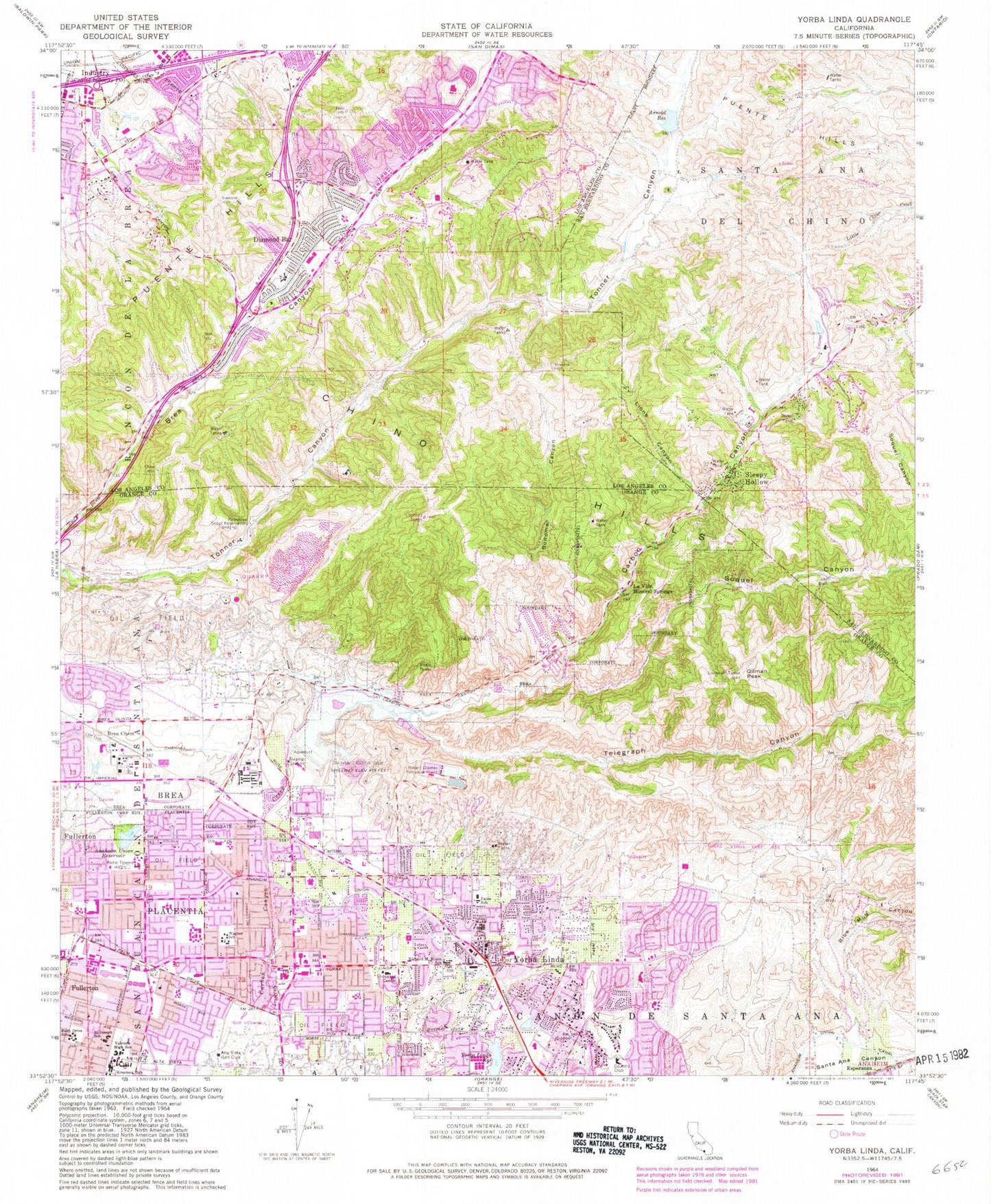 Classic USGS Yorba Linda California 7.5'x7.5' Topo Map Image