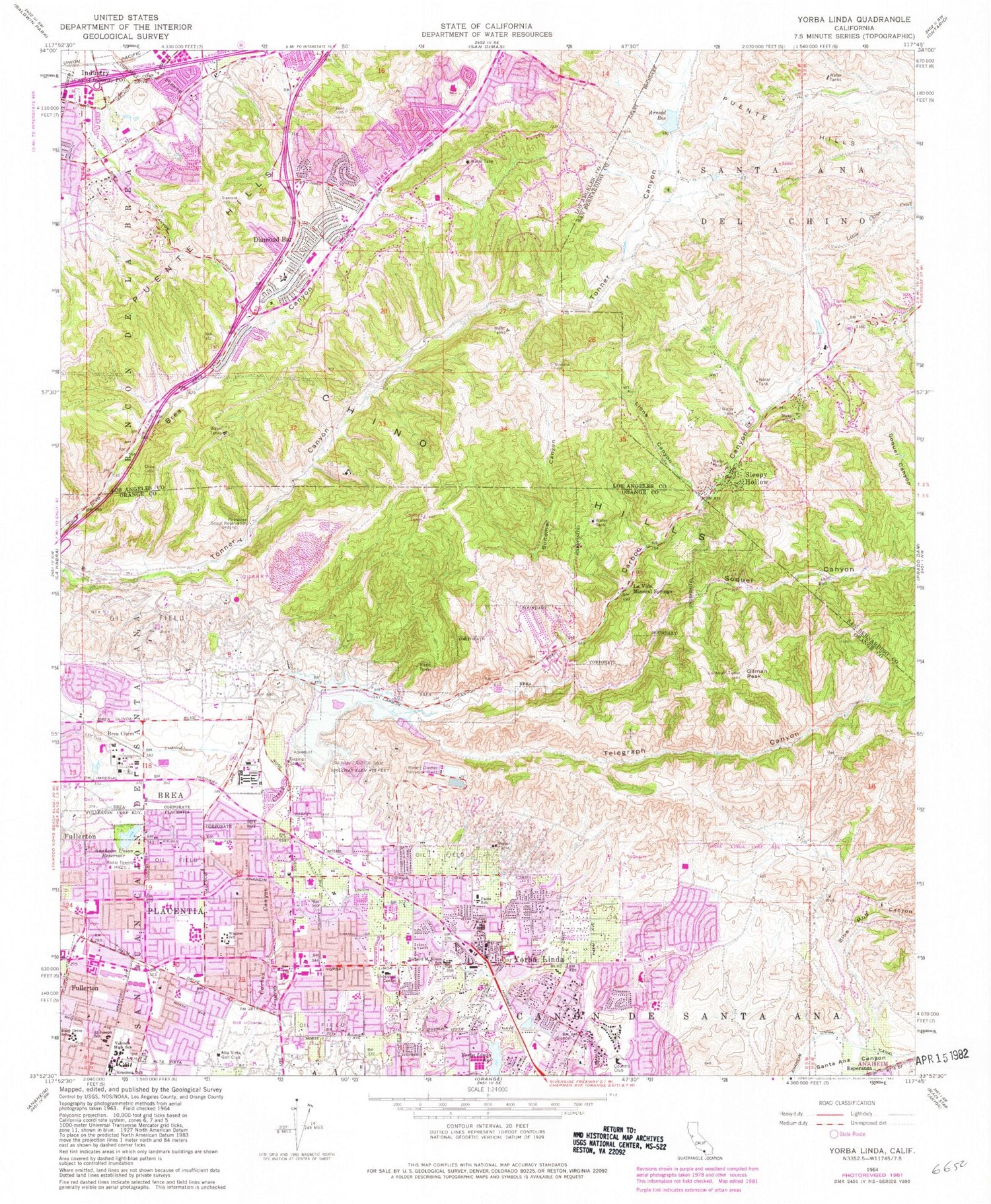 Classic USGS Yorba Linda California 7.5'x7.5' Topo Map Image