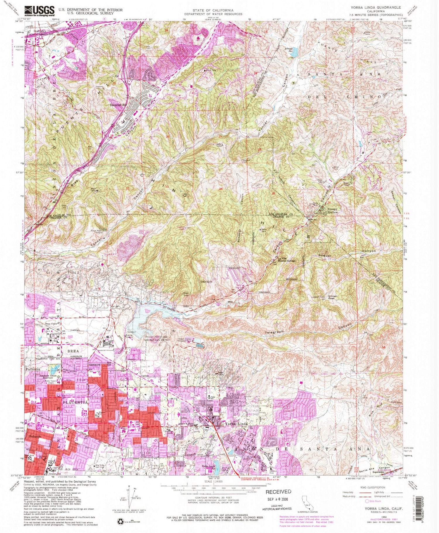 Classic USGS Yorba Linda California 7.5'x7.5' Topo Map Image