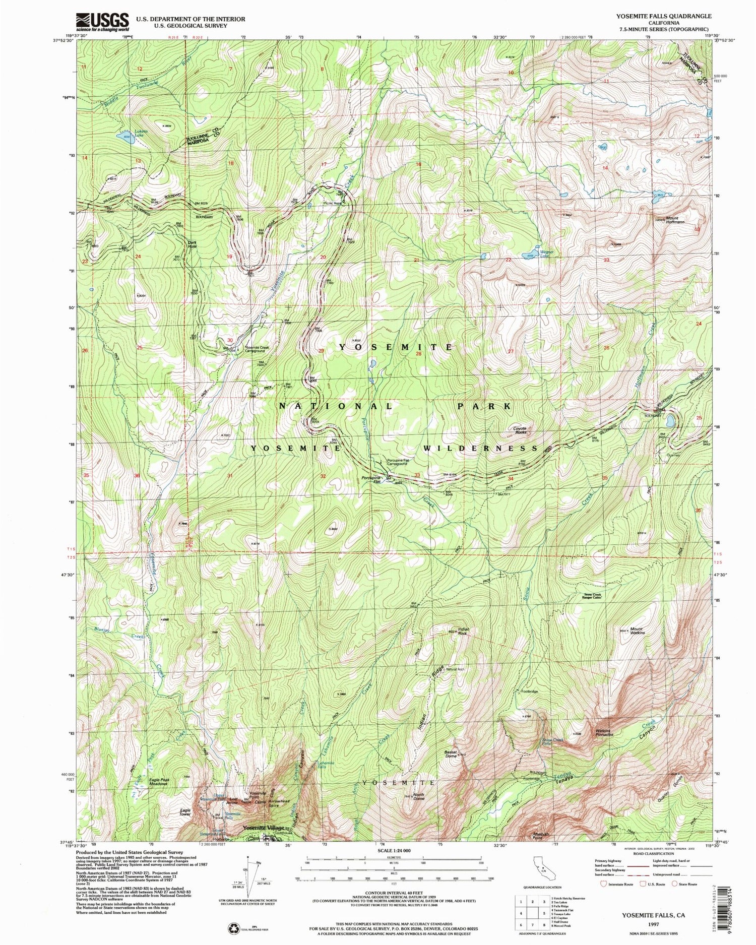 USGS Classic Yosemite Falls California 7.5'x7.5' Topo Map Image