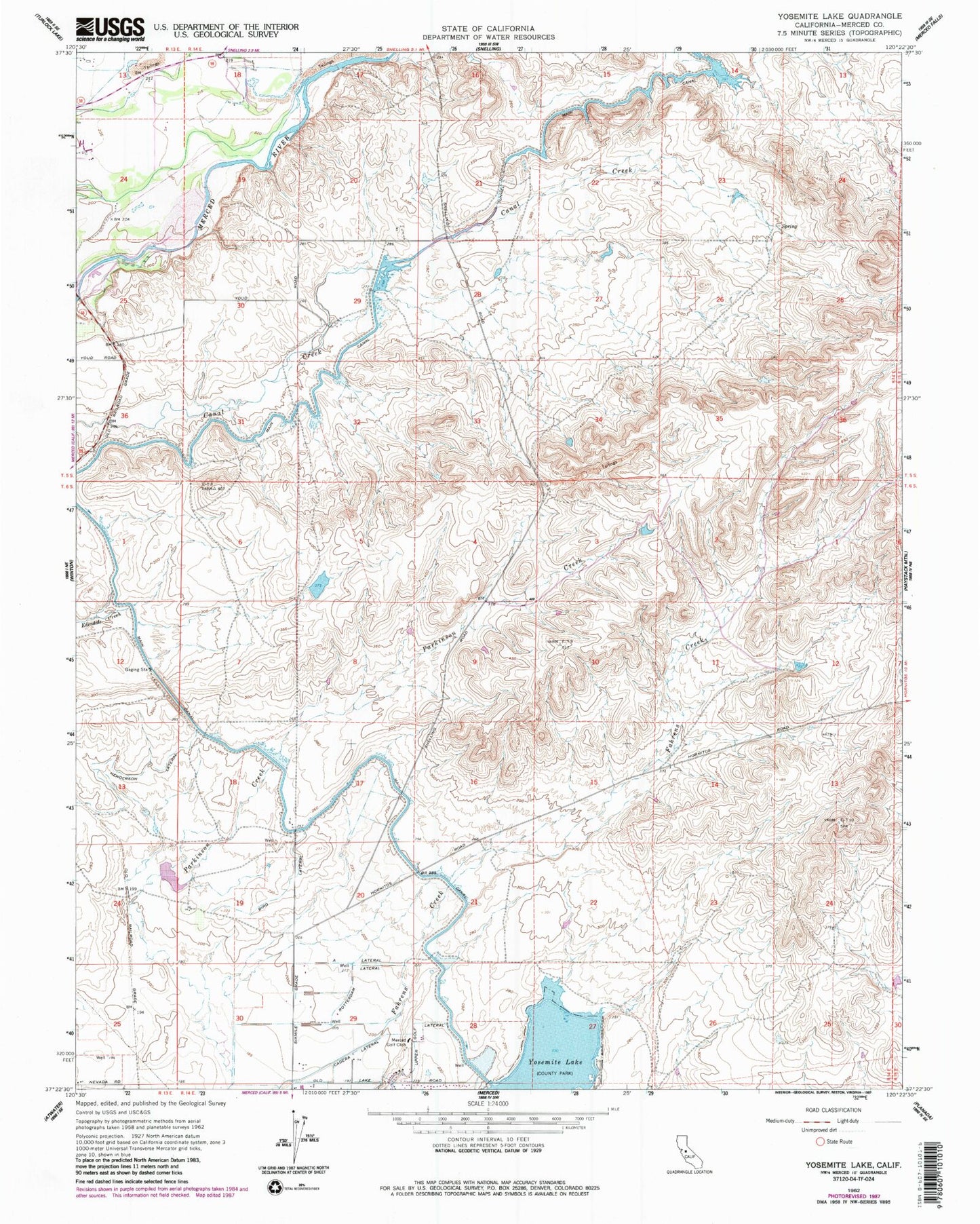 Classic USGS Yosemite Lake California 7.5'x7.5' Topo Map Image
