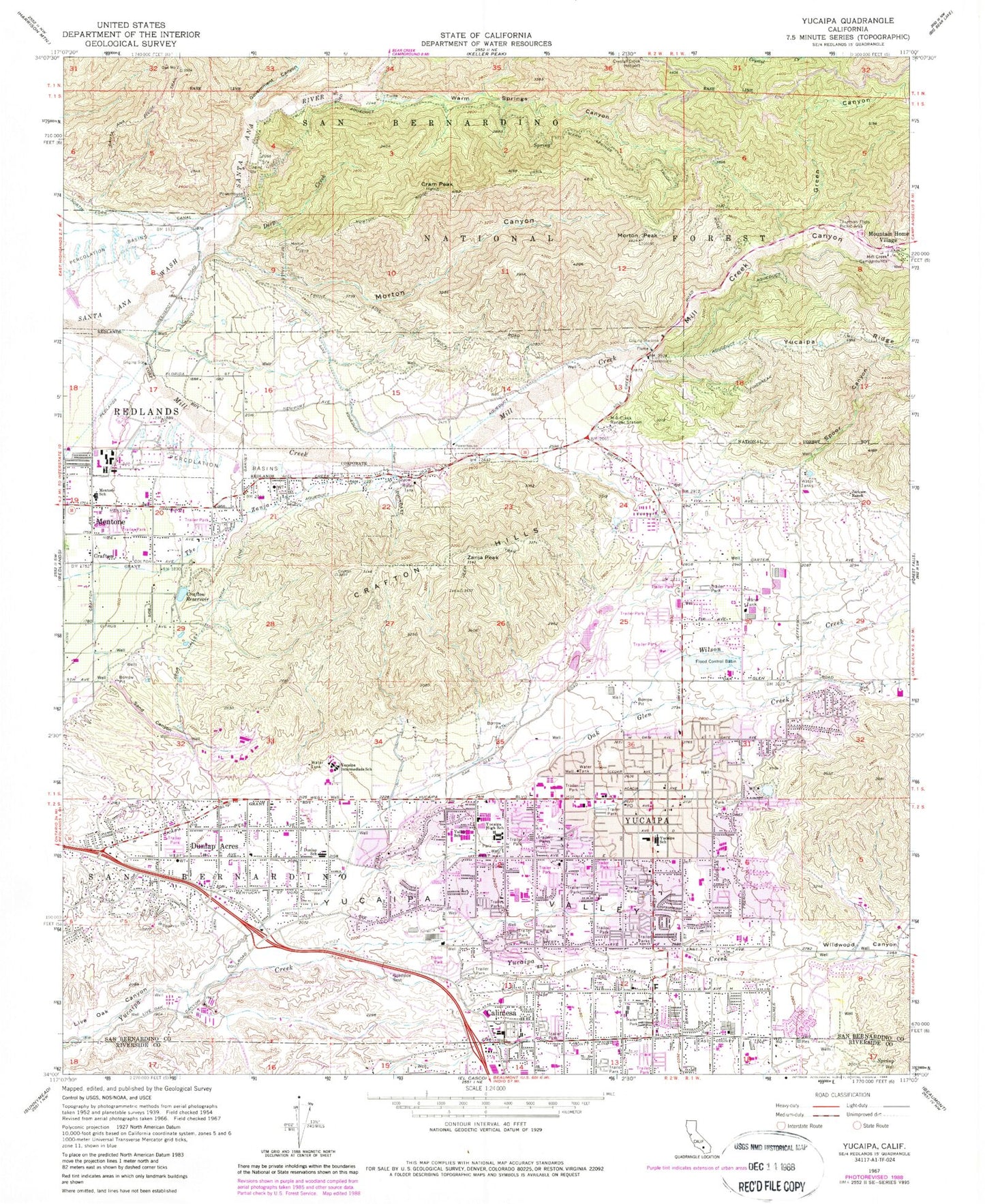 Classic USGS Yucaipa California 7.5'x7.5' Topo Map Image
