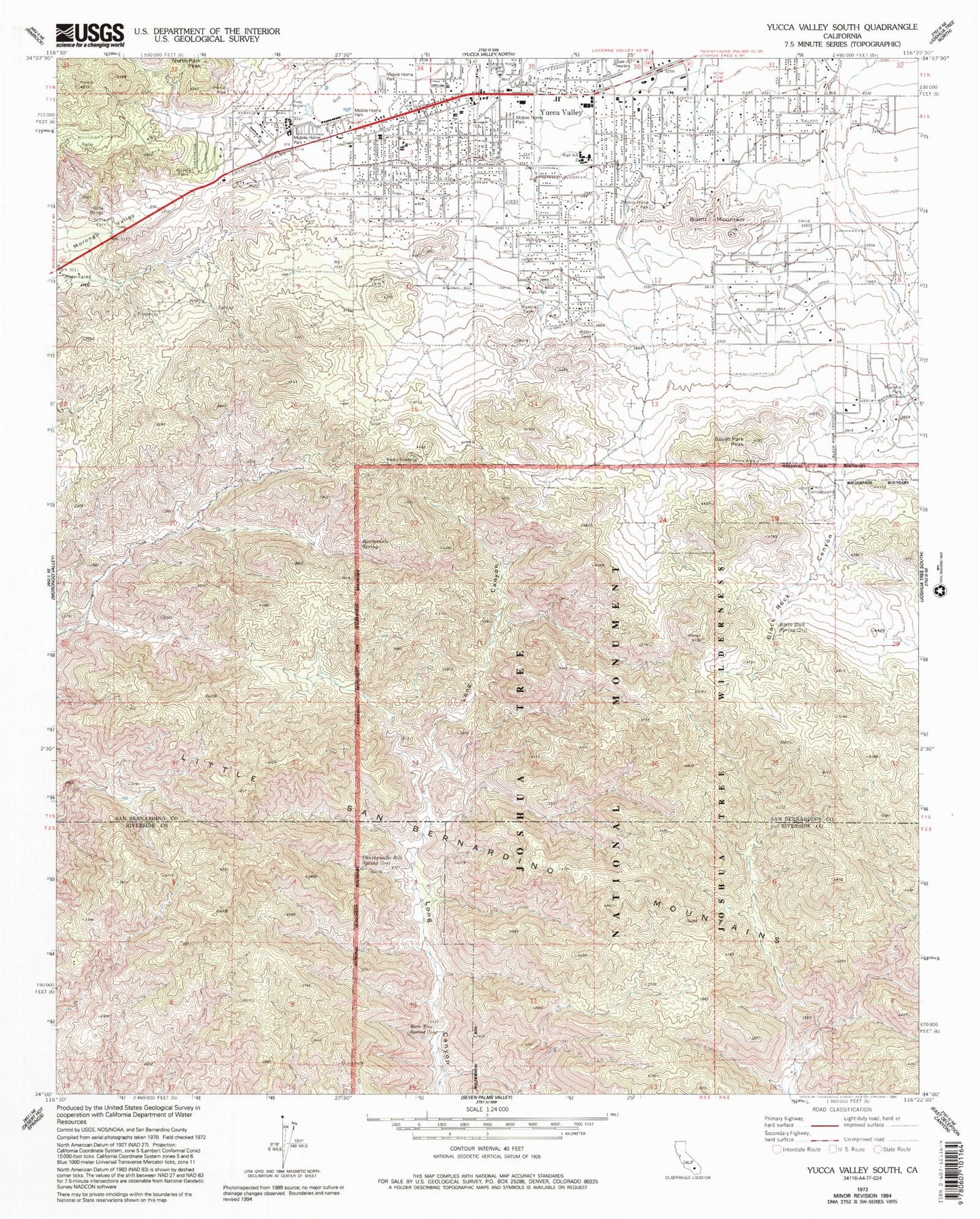 Classic USGS Yucca Valley South California 7.5'x7.5' Topo Map Image