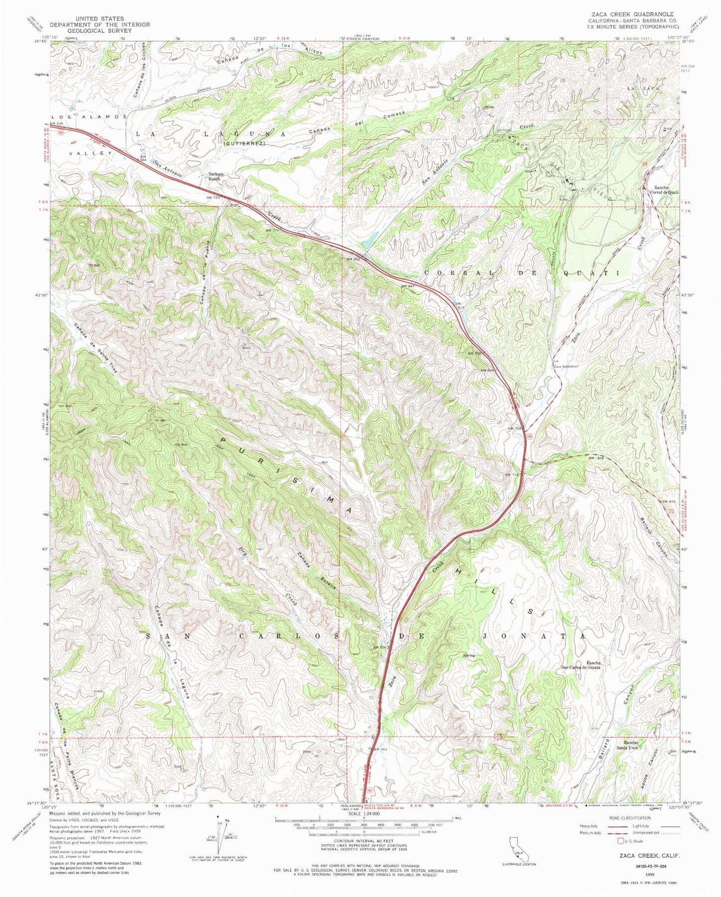 Classic USGS Zaca Creek California 7.5'x7.5' Topo Map Image