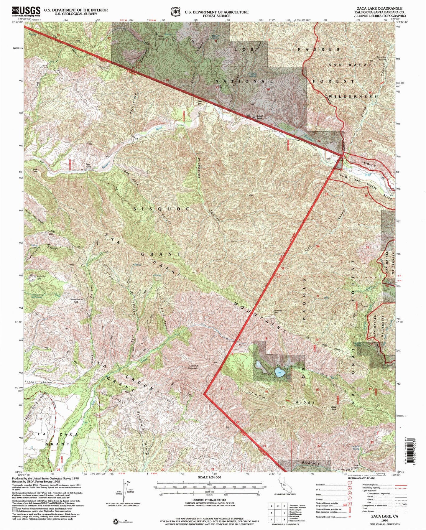 Classic USGS Zaca Lake California 7.5'x7.5' Topo Map Image