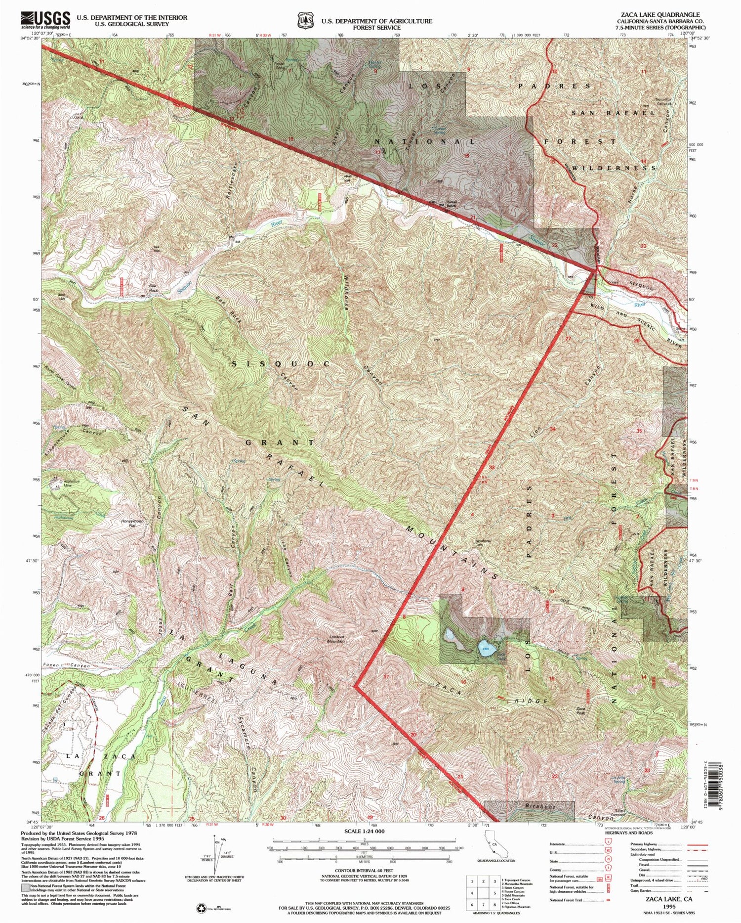 Classic USGS Zaca Lake California 7.5'x7.5' Topo Map Image