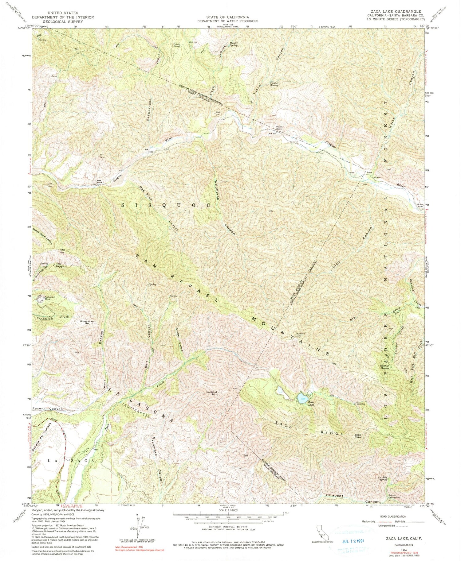 Classic USGS Zaca Lake California 7.5'x7.5' Topo Map Image