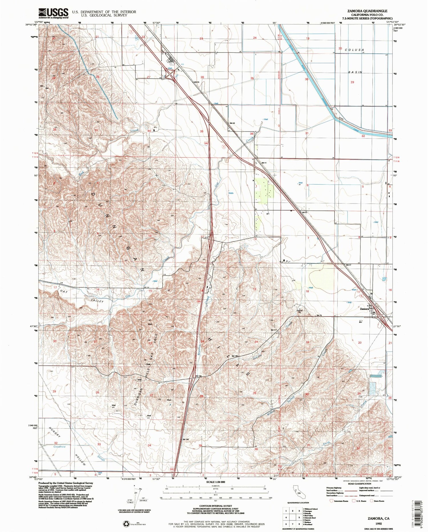 Classic USGS Zamora California 7.5'x7.5' Topo Map Image