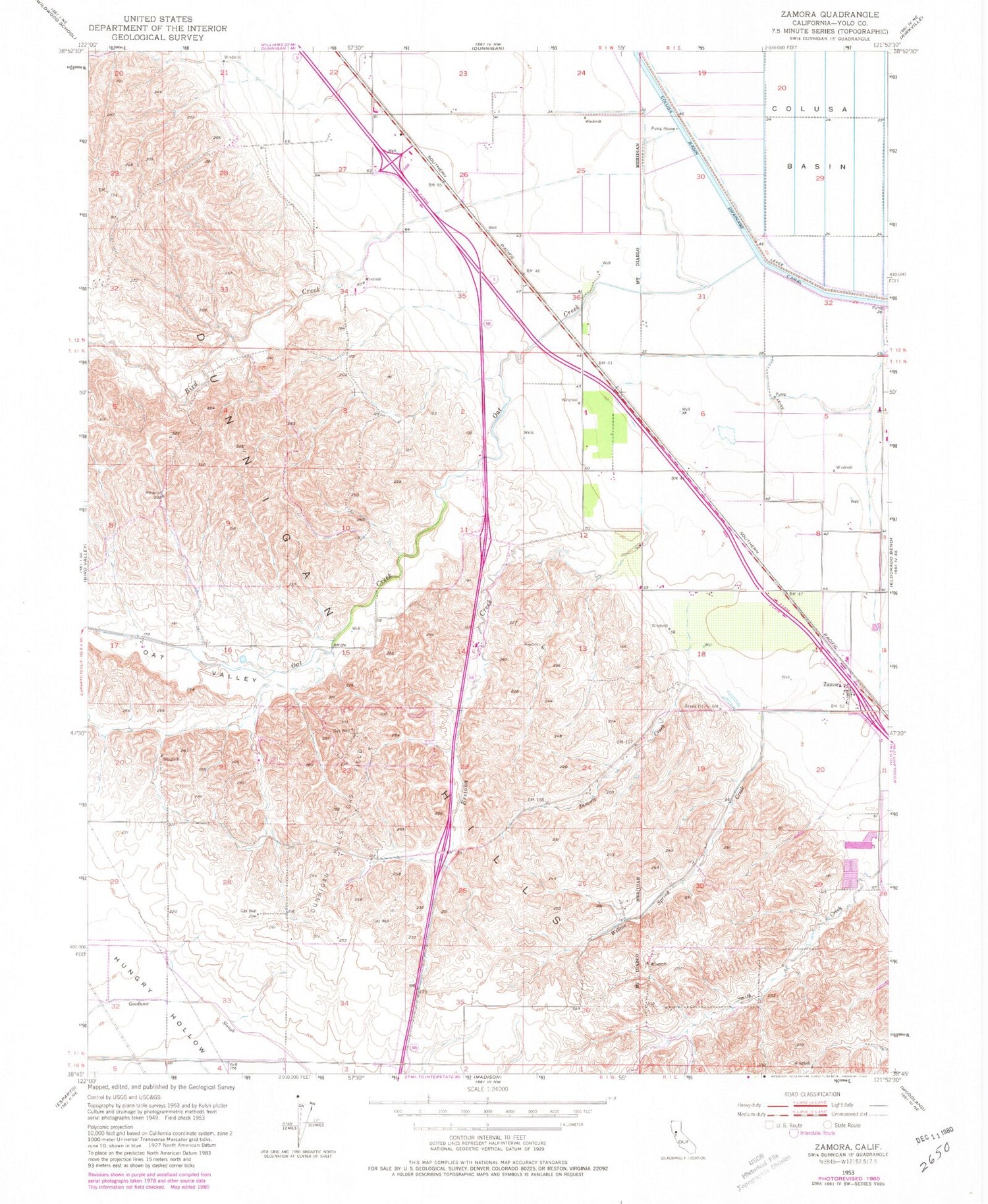 Classic USGS Zamora California 7.5'x7.5' Topo Map Image