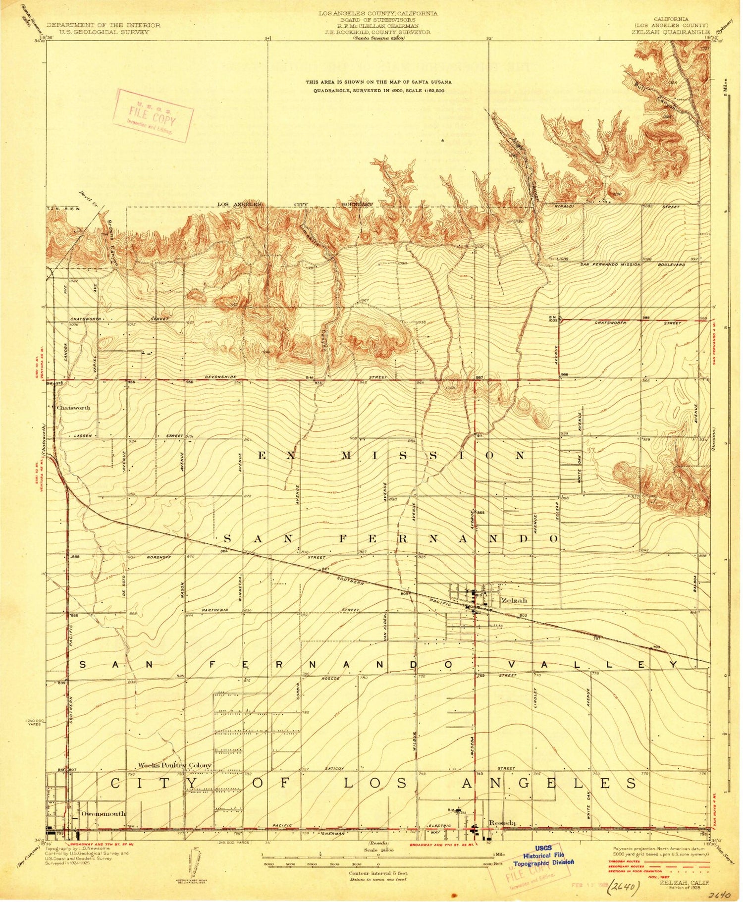 Classic USGS Zelzah California 7.5'x7.5' Topo Map Image
