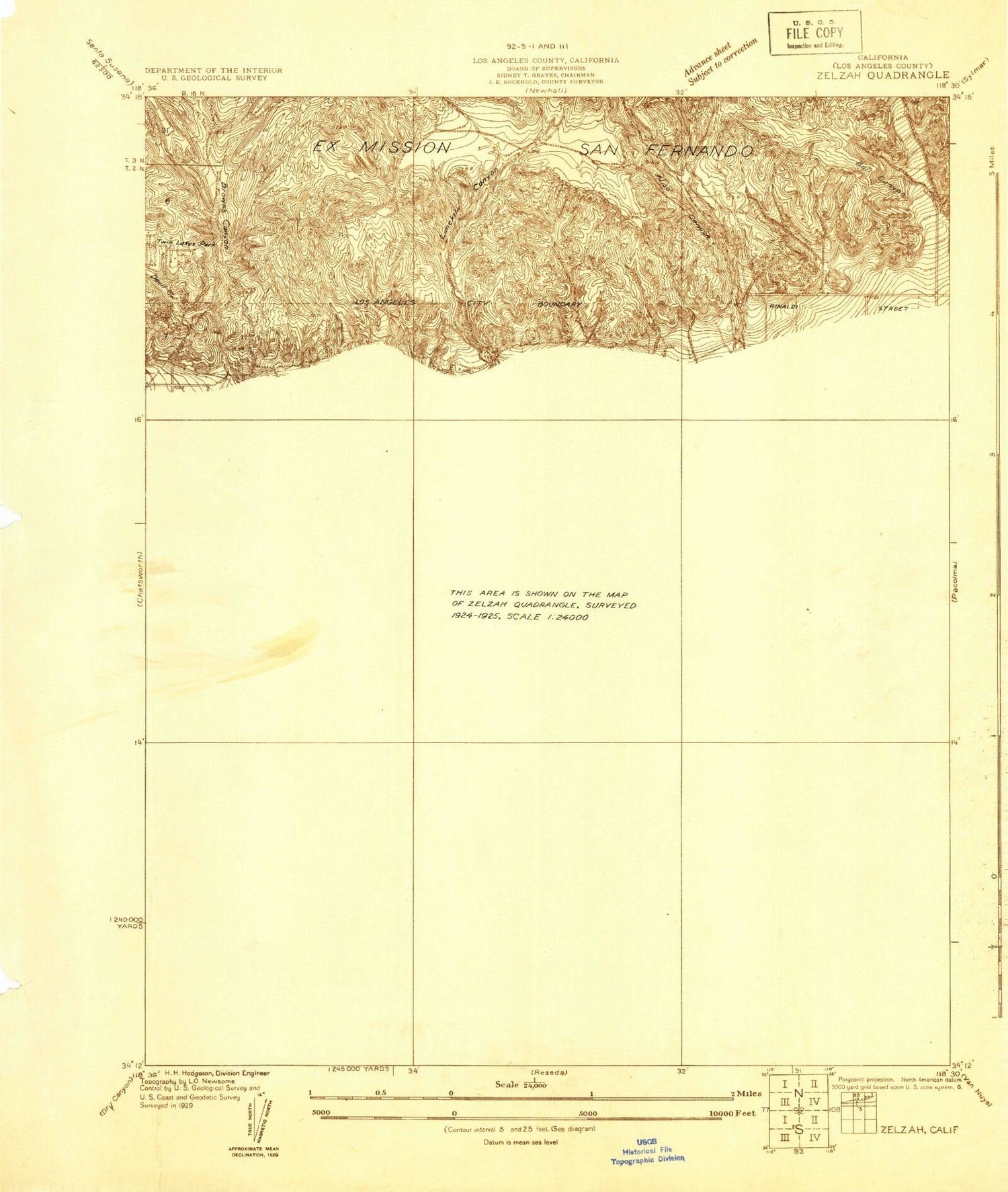 Classic USGS Zelzah California 7.5'x7.5' Topo Map Image