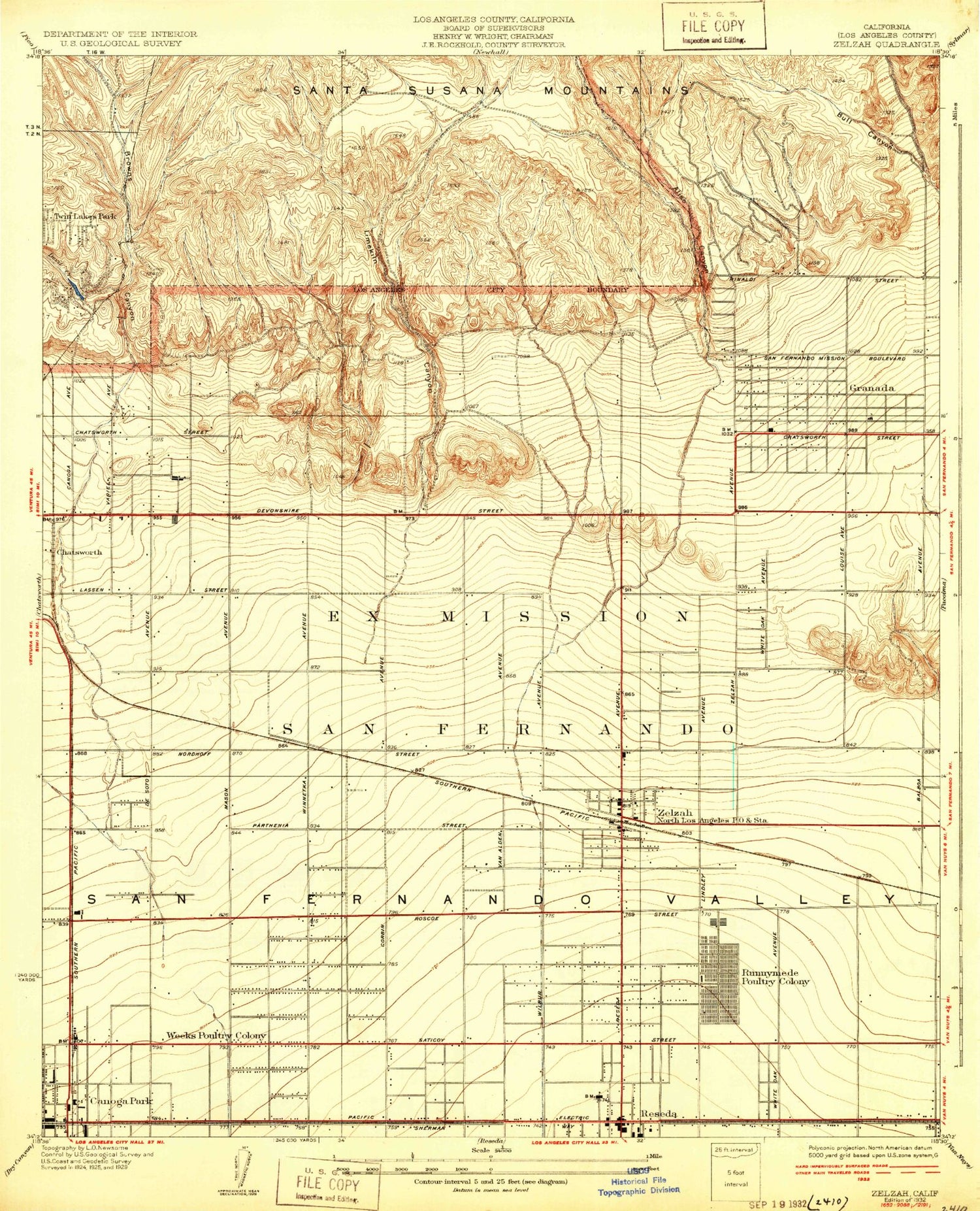 Classic USGS Zelzah California 7.5'x7.5' Topo Map Image