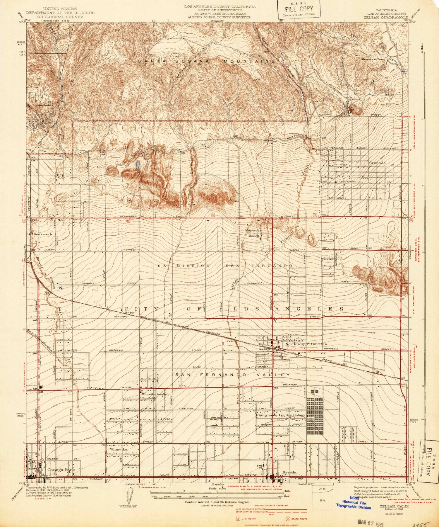 Classic USGS Zelzah California 7.5'x7.5' Topo Map Image