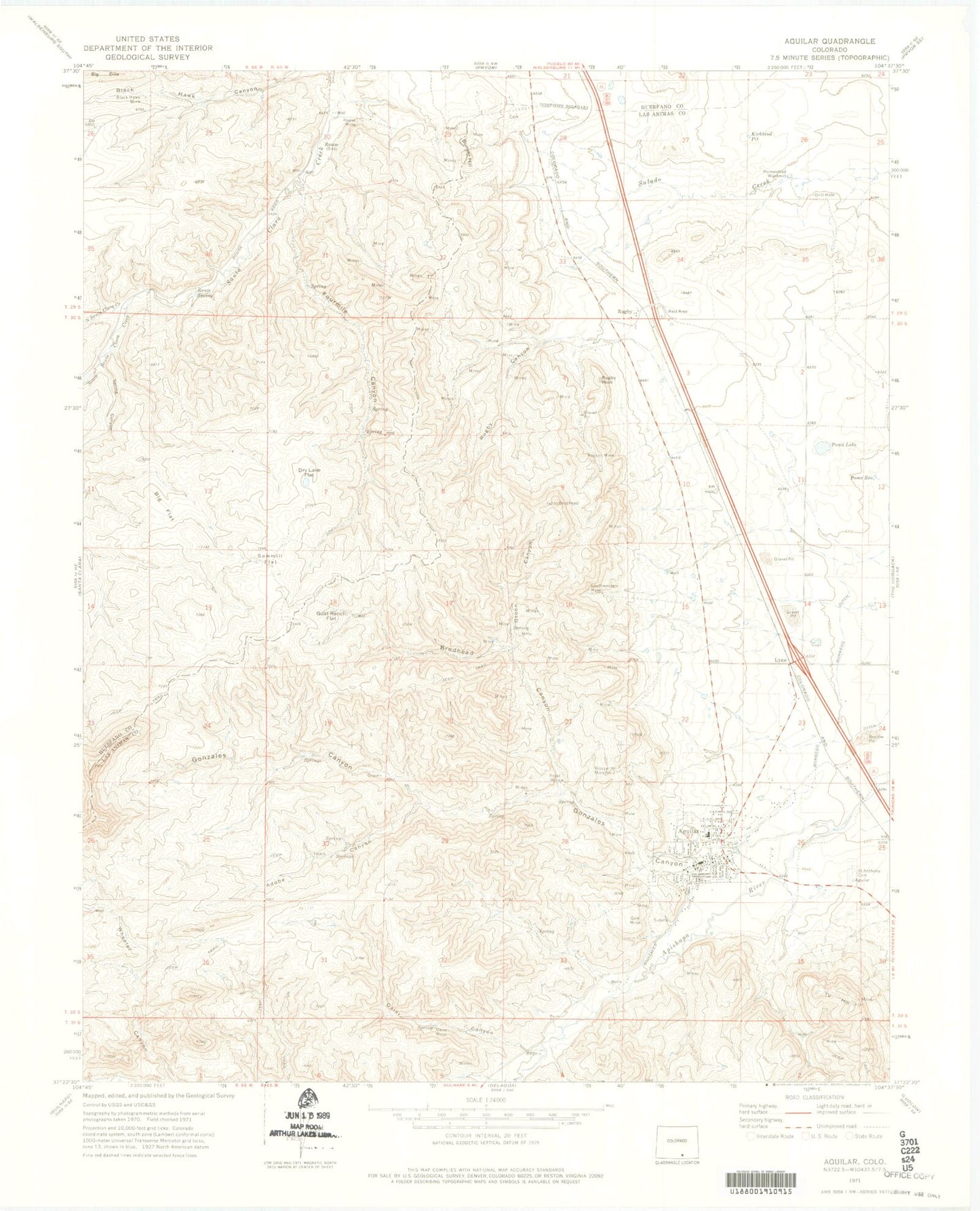 Classic USGS Aguilar Colorado 7.5'x7.5' Topo Map Image