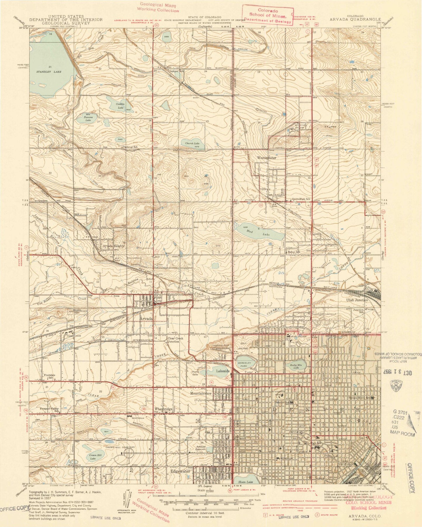 Classic USGS Arvada Colorado 7.5'x7.5' Topo Map Image