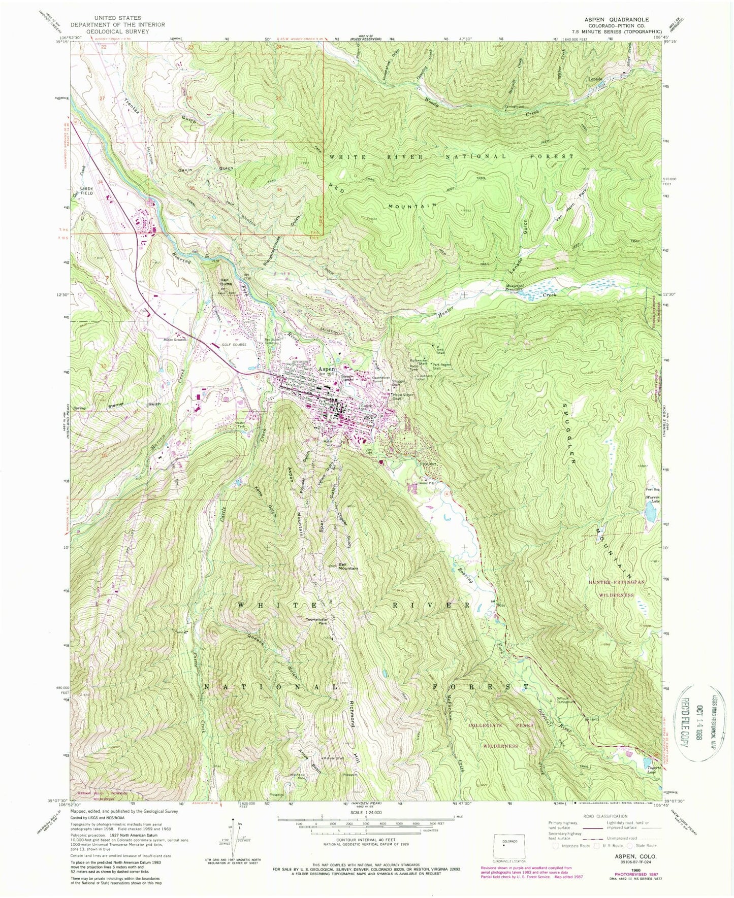 Classic USGS Aspen Colorado 7.5'x7.5' Topo Map Image