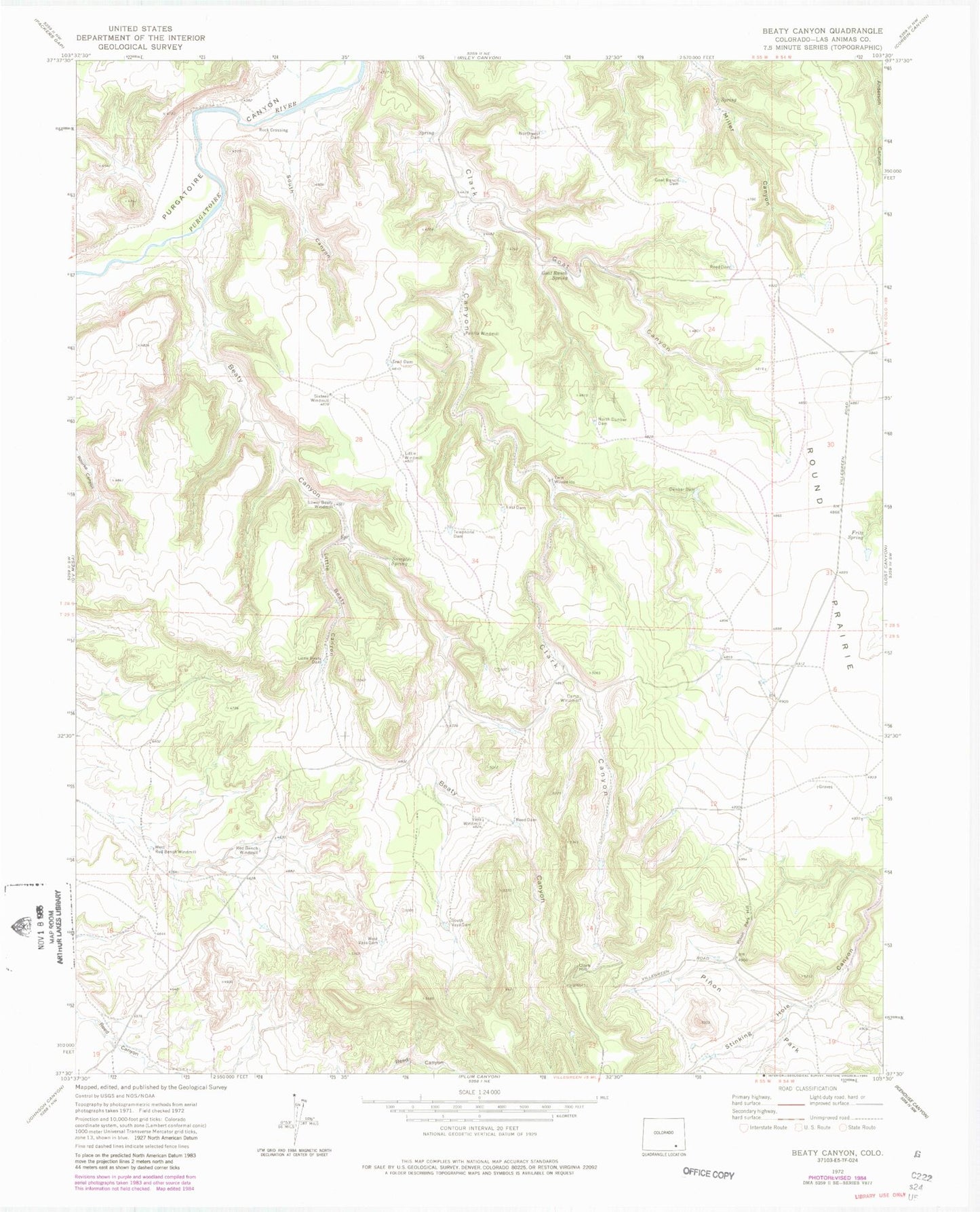 Classic USGS Beaty Canyon Colorado 7.5'x7.5' Topo Map Image
