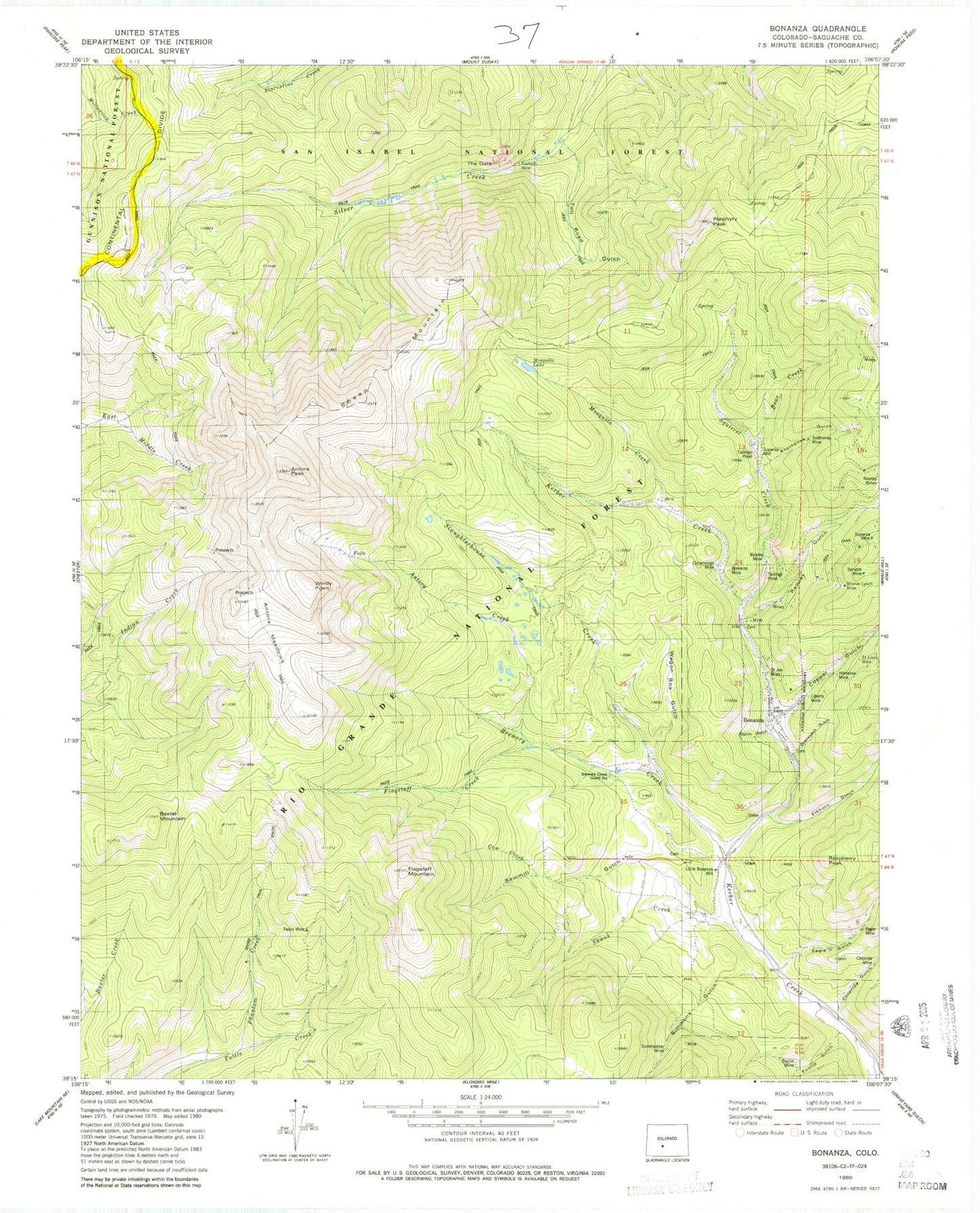 Classic USGS Bonanza Colorado 7.5'x7.5' Topo Map Image
