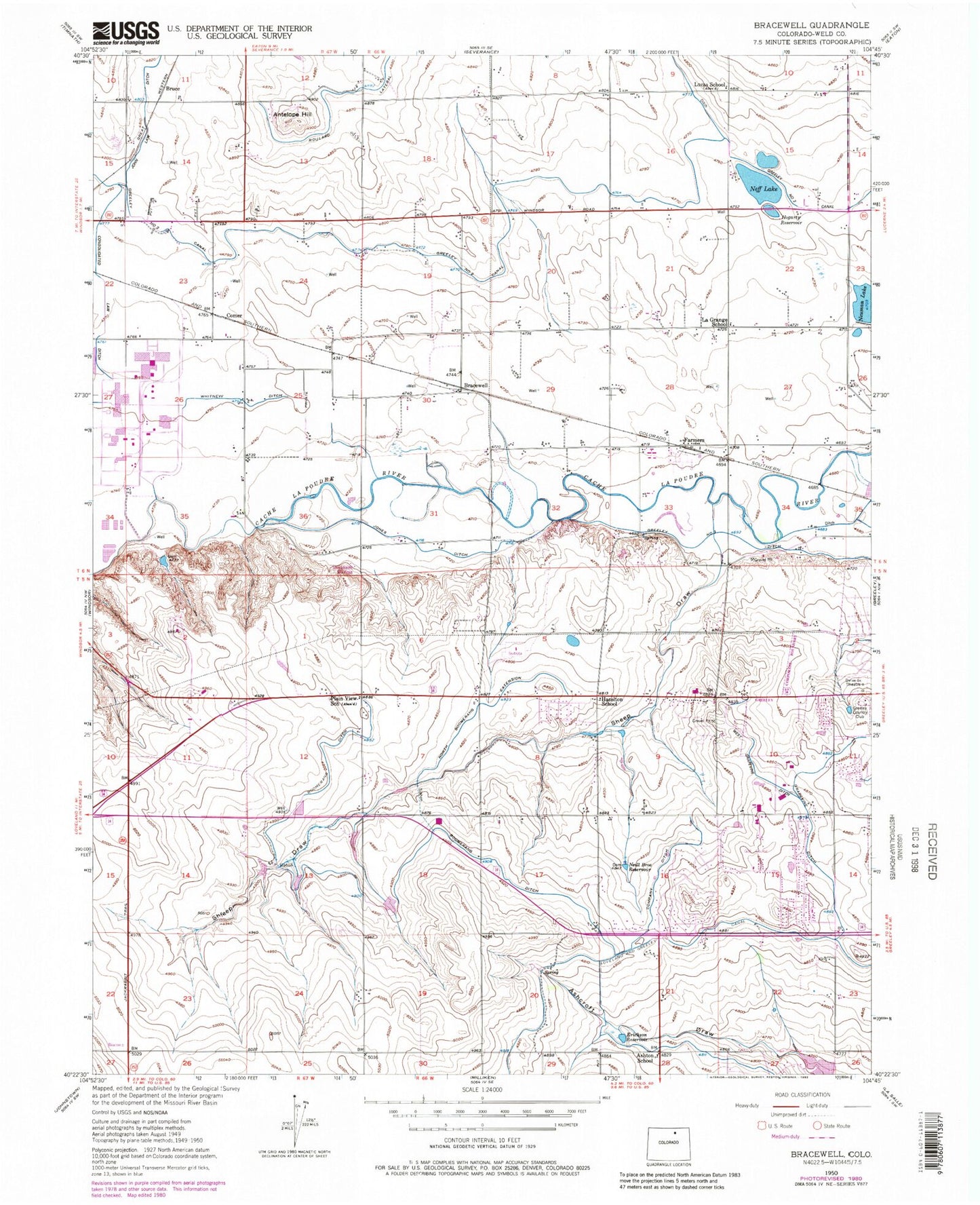 Classic USGS Bracewell Colorado 7.5'x7.5' Topo Map Image