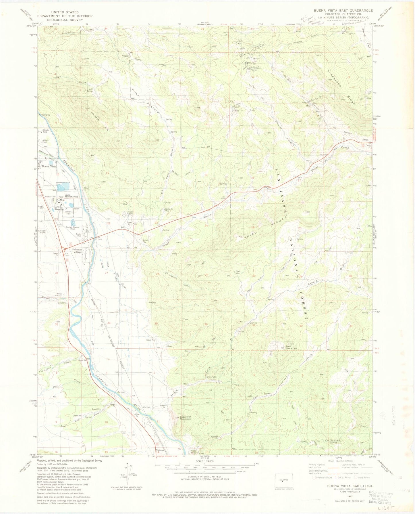 Classic USGS Buena Vista East Colorado 7.5'x7.5' Topo Map Image