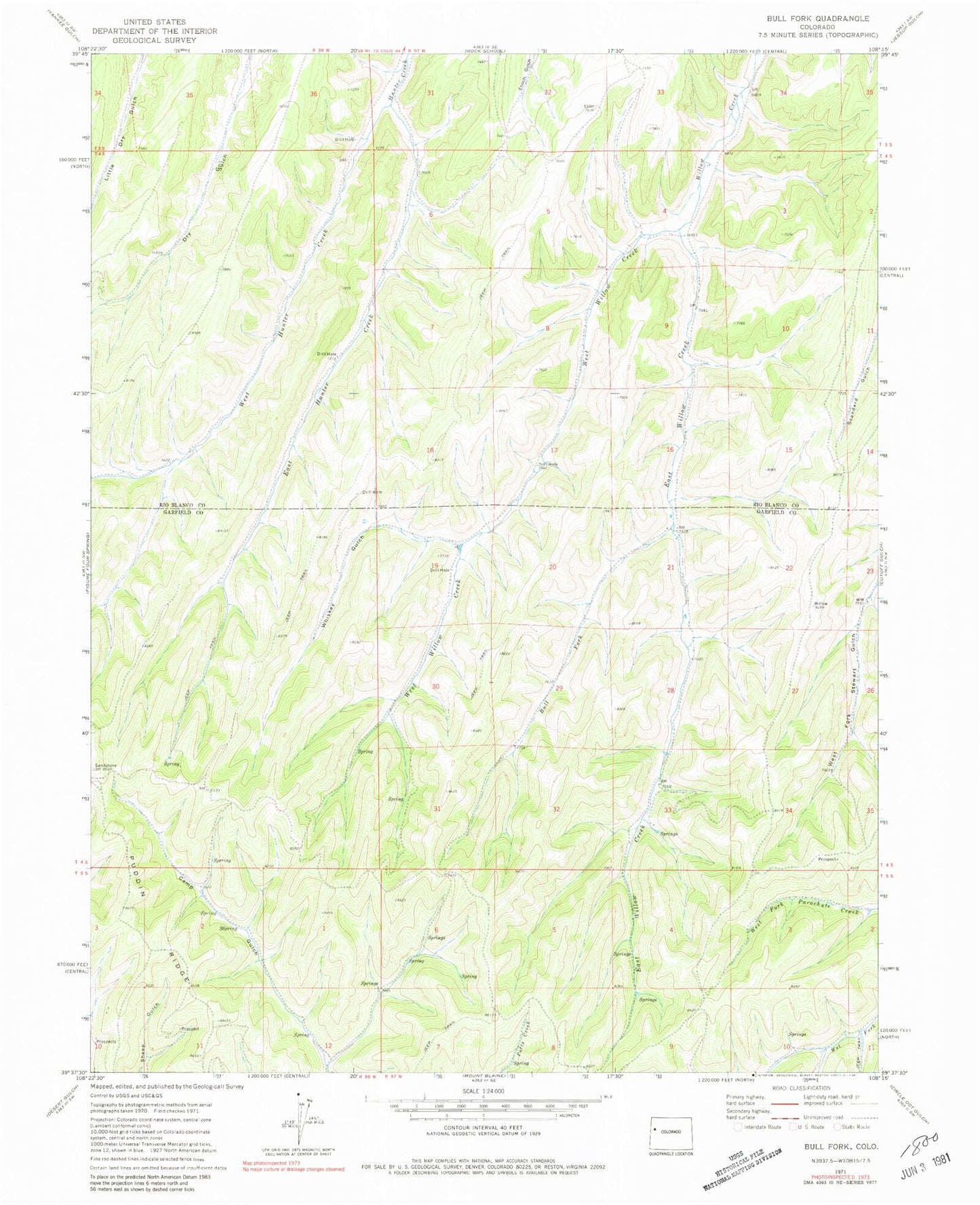 Classic USGS Bull Fork Colorado 7.5'x7.5' Topo Map Image