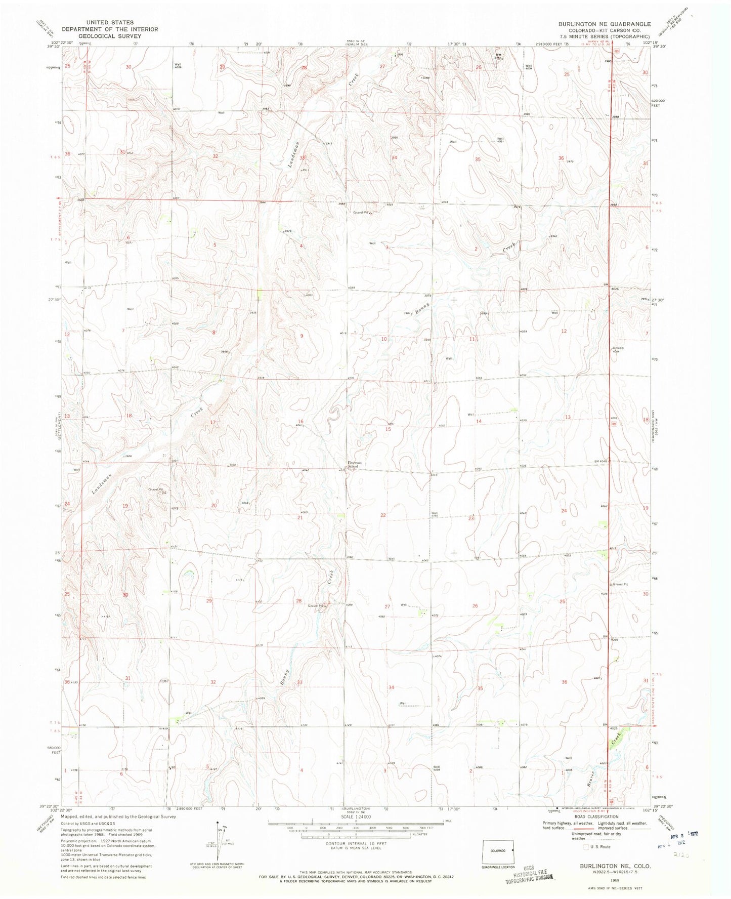 Classic USGS Burlington NE Colorado 7.5'x7.5' Topo Map Image