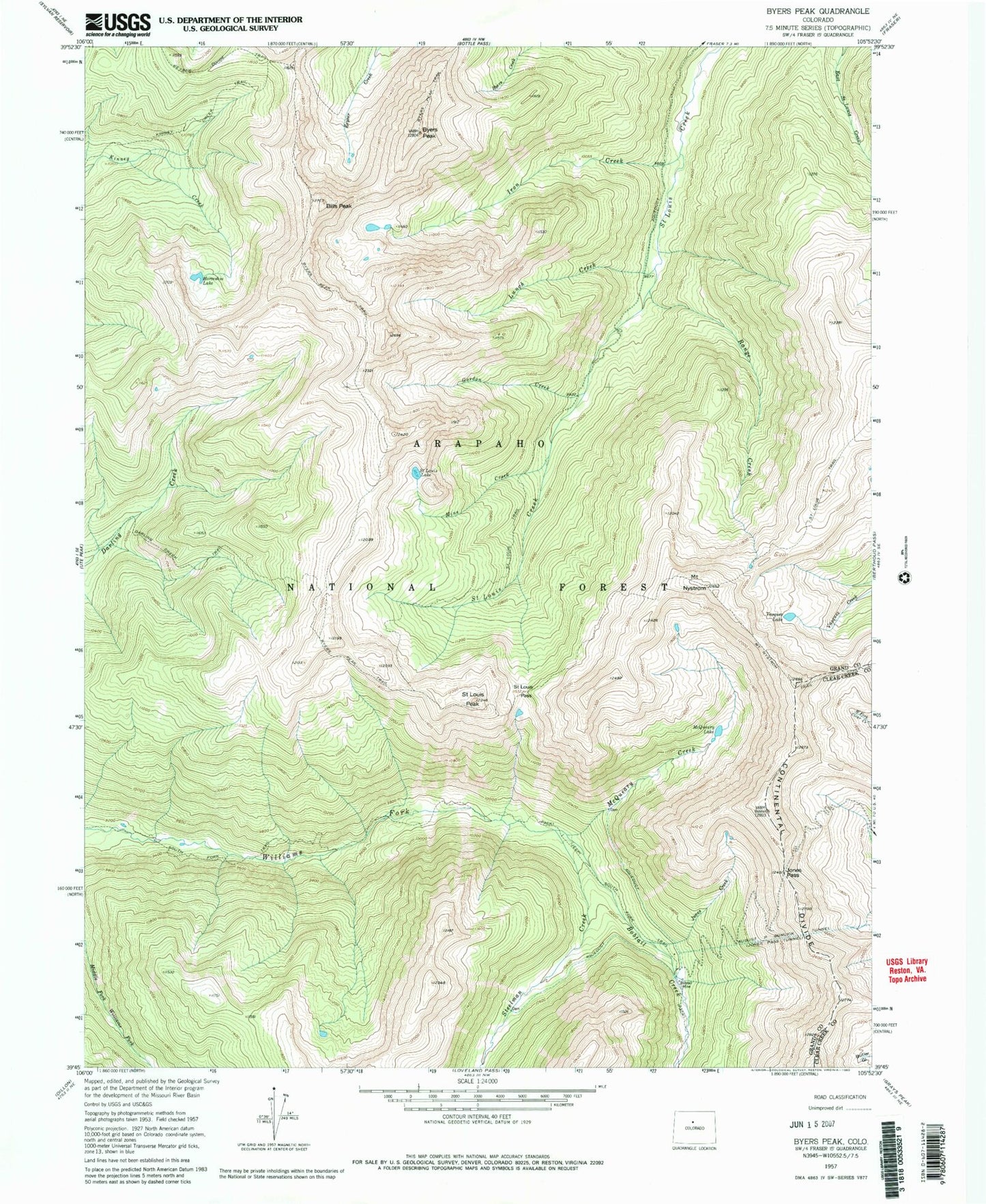 Classic USGS Byers Peak Colorado 7.5'x7.5' Topo Map Image