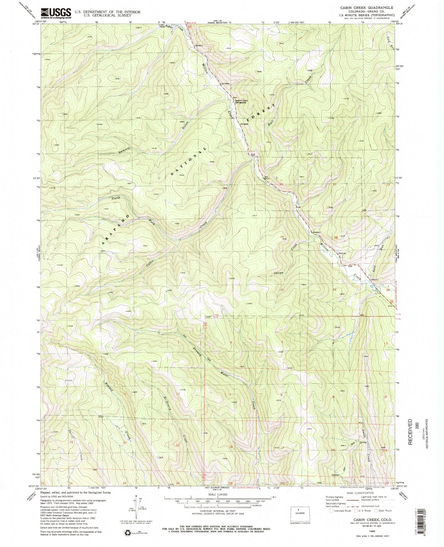 Classic USGS Cabin Creek Colorado 7.5'x7.5' Topo Map Image
