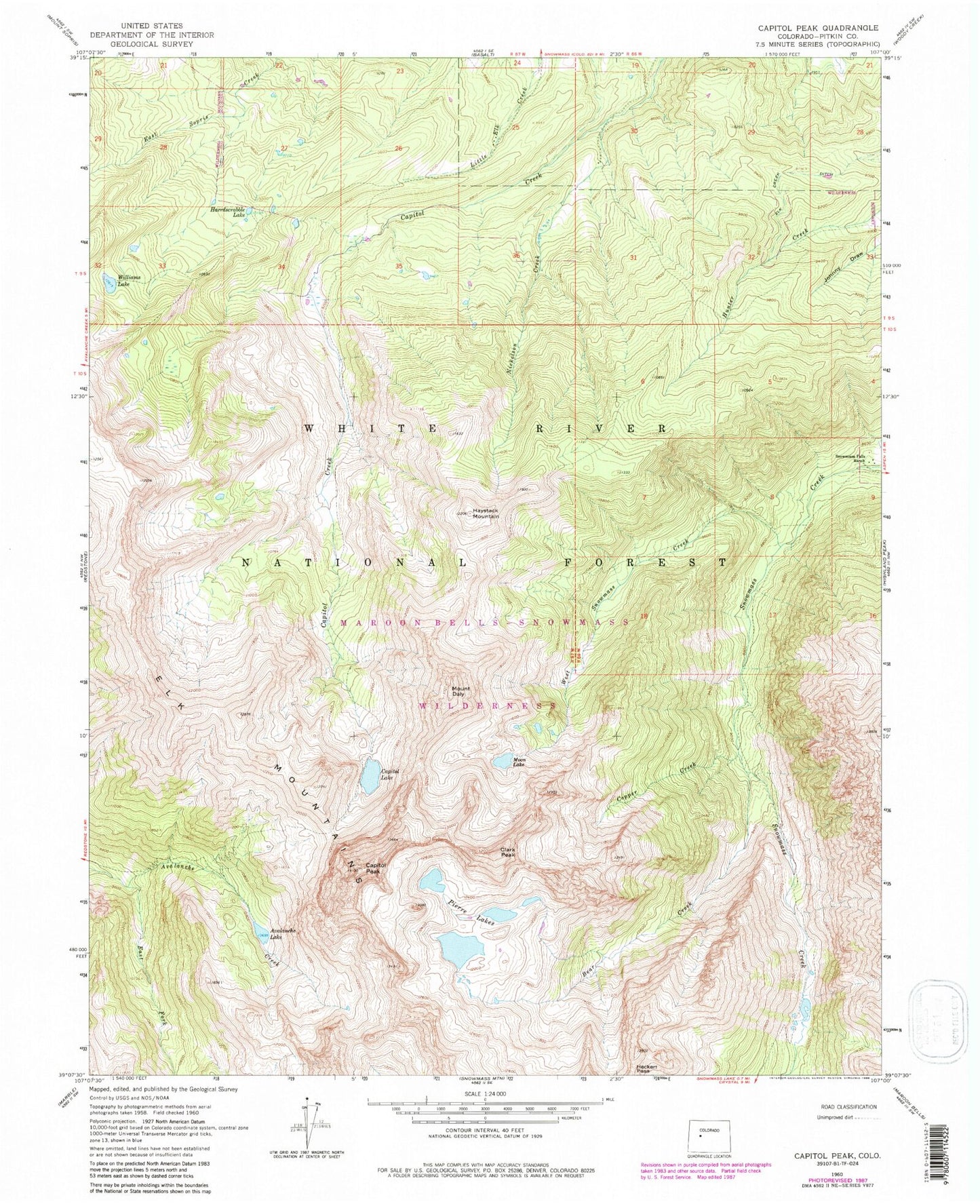 USGS Classic Capitol Peak Colorado 7.5'x7.5' Topo Map Image
