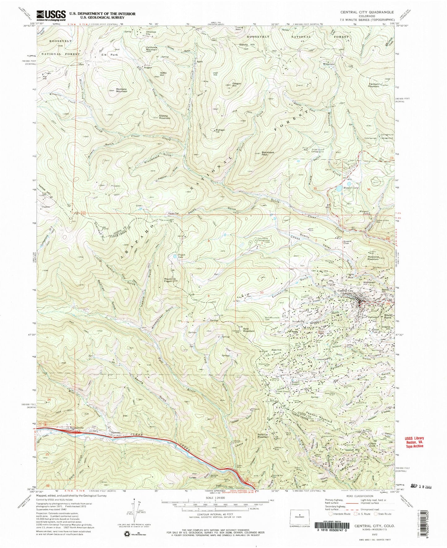 Classic USGS Central City Colorado 7.5'x7.5' Topo Map Image