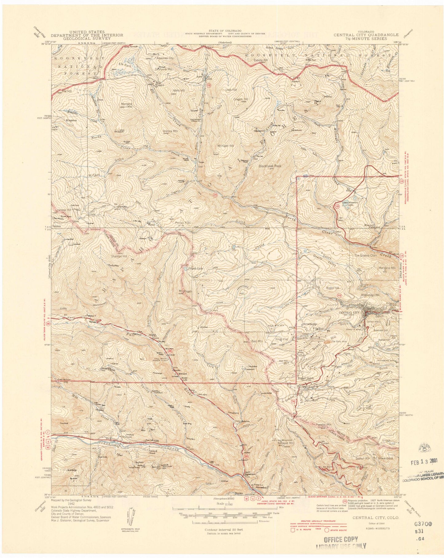 Classic USGS Central City Colorado 7.5'x7.5' Topo Map Image