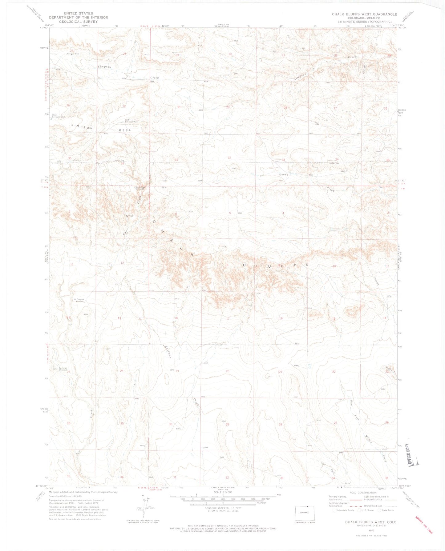 Classic USGS Chalk Bluffs West Colorado 7.5'x7.5' Topo Map Image