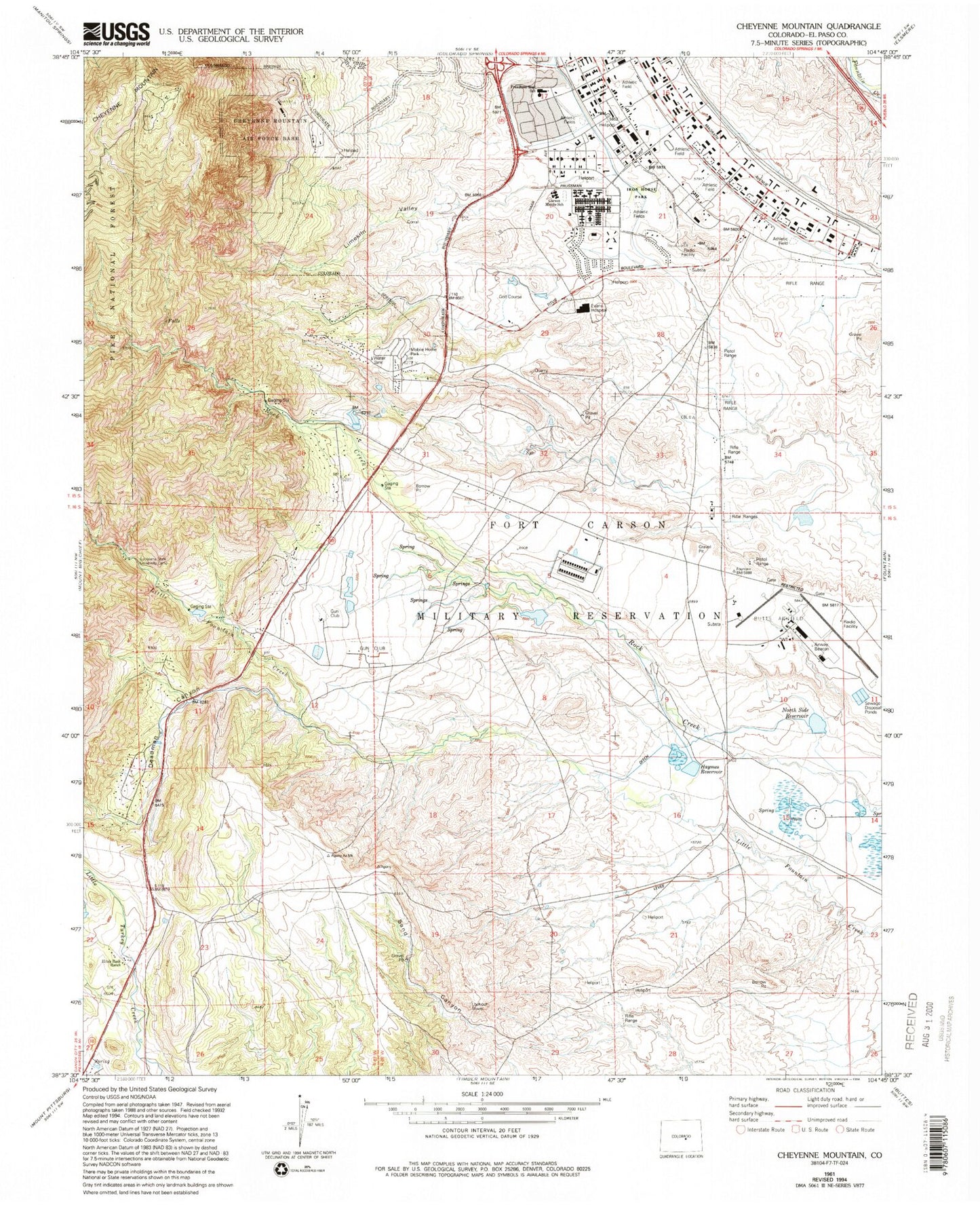 Classic USGS Cheyenne Mountain Colorado 7.5'x7.5' Topo Map Image
