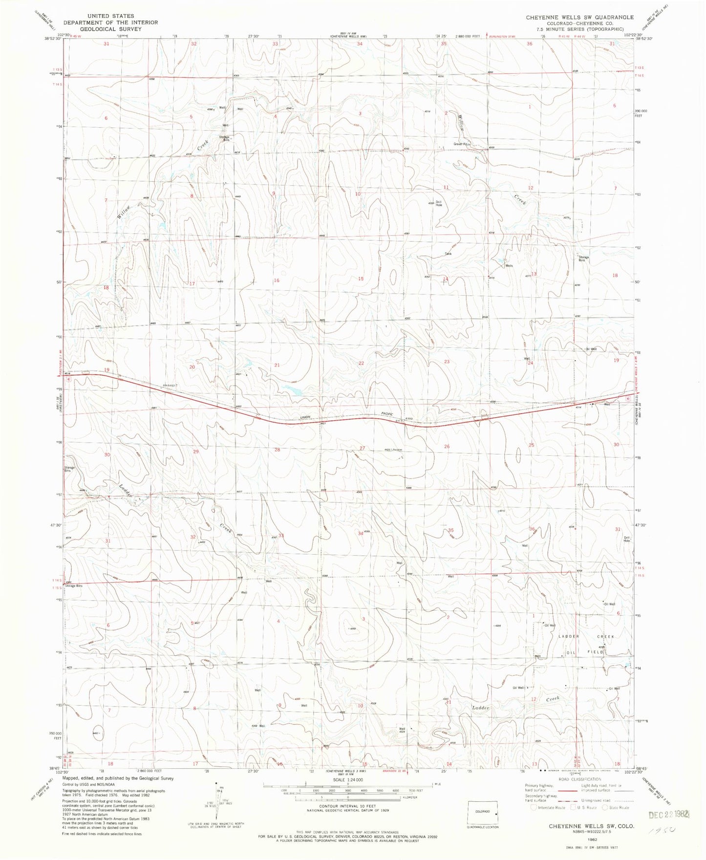 Classic USGS Cheyenne Wells SW Colorado 7.5'x7.5' Topo Map Image