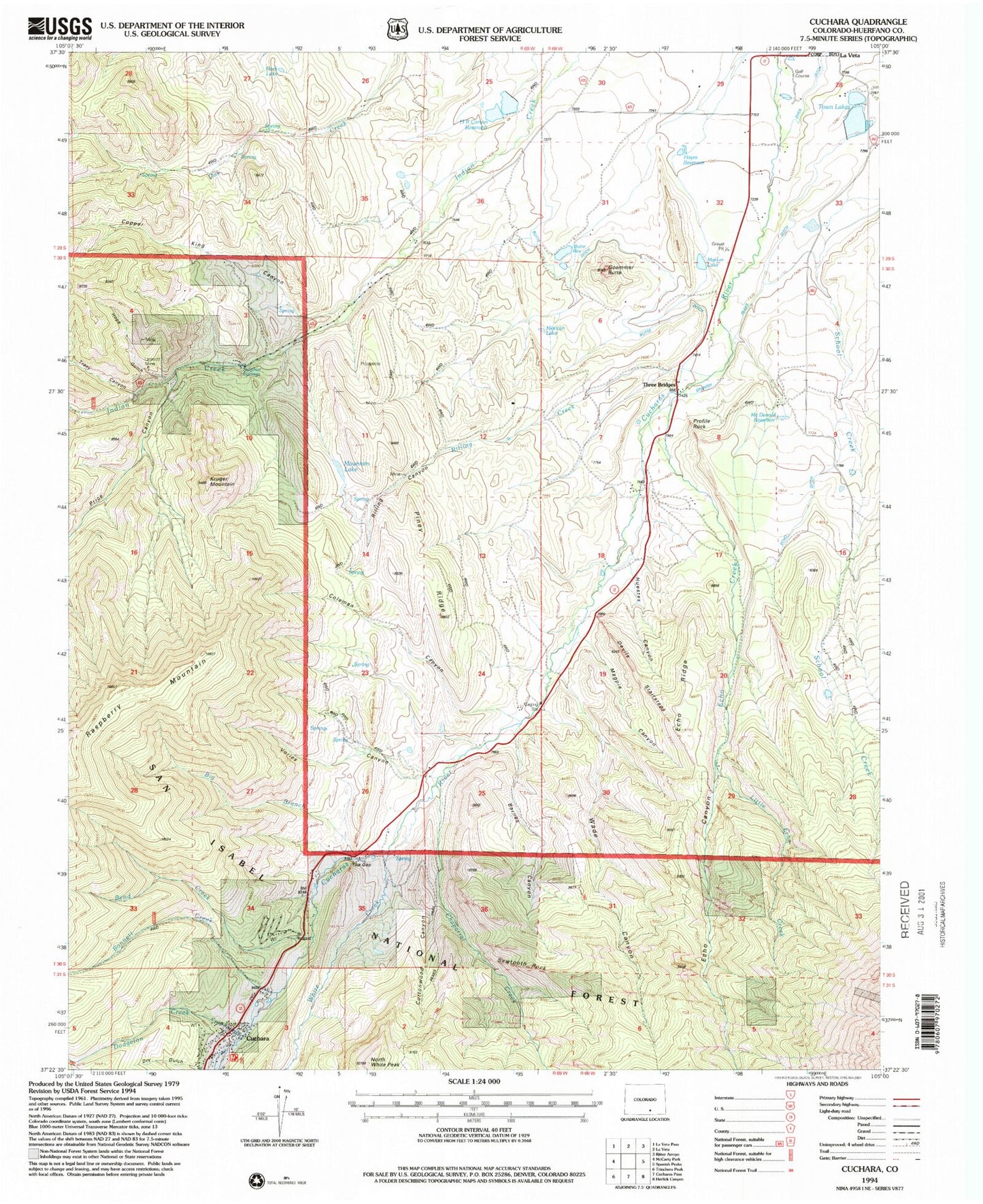 Classic USGS Cuchara Colorado 7.5'x7.5' Topo Map Image