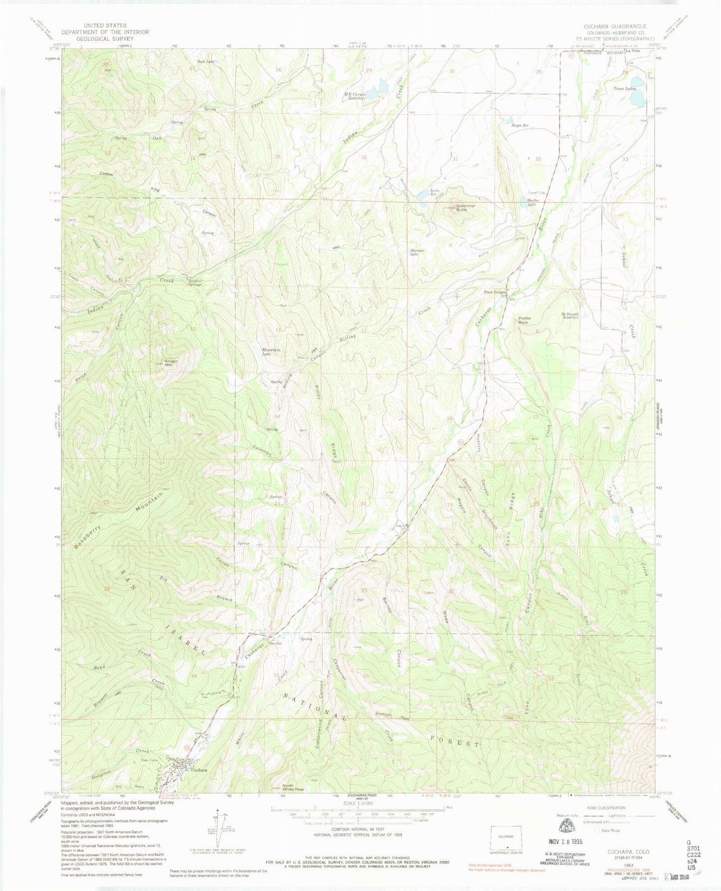 Classic USGS Cuchara Colorado 7.5'x7.5' Topo Map Image