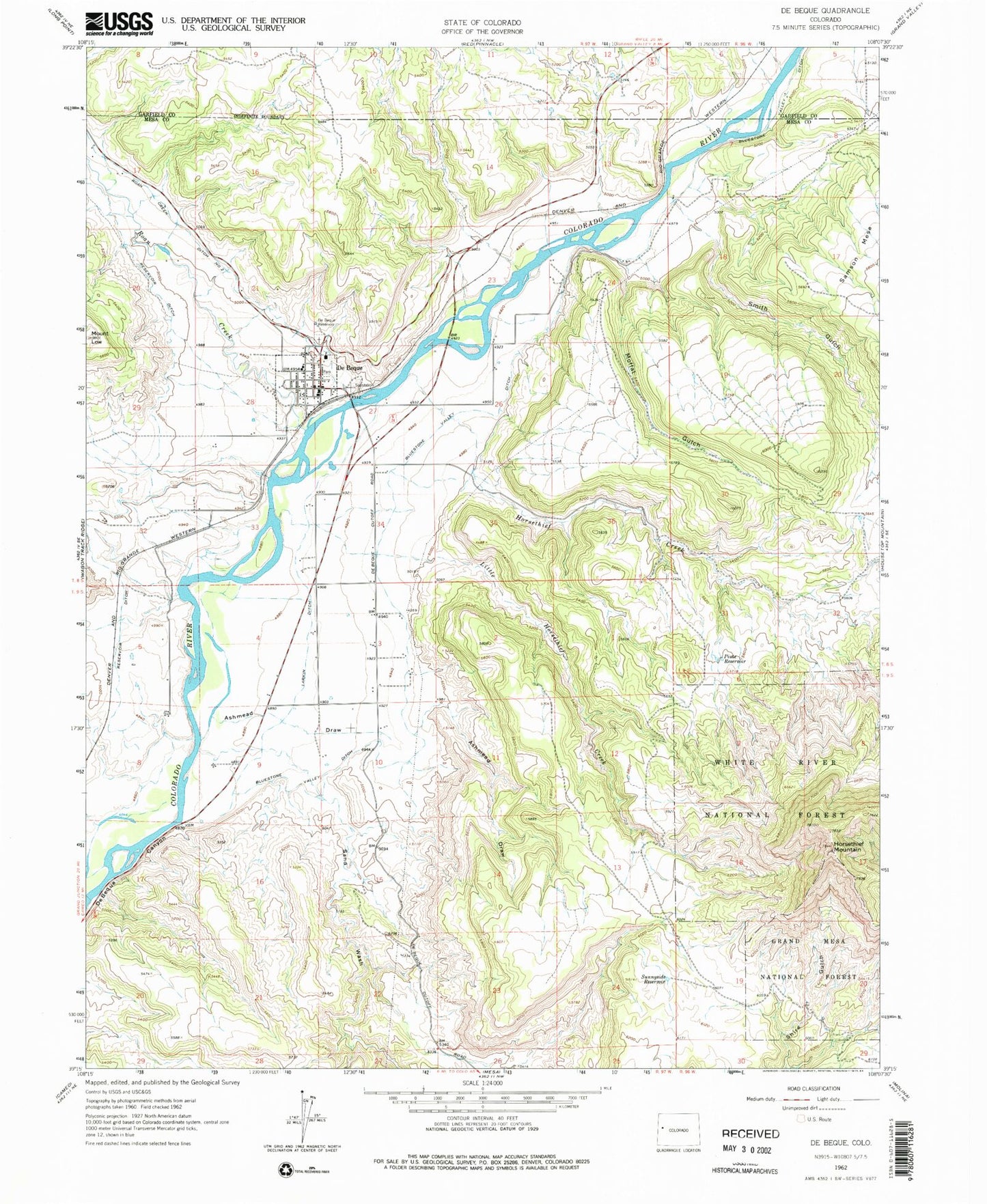 Classic USGS De Beque Colorado 7.5'x7.5' Topo Map Image