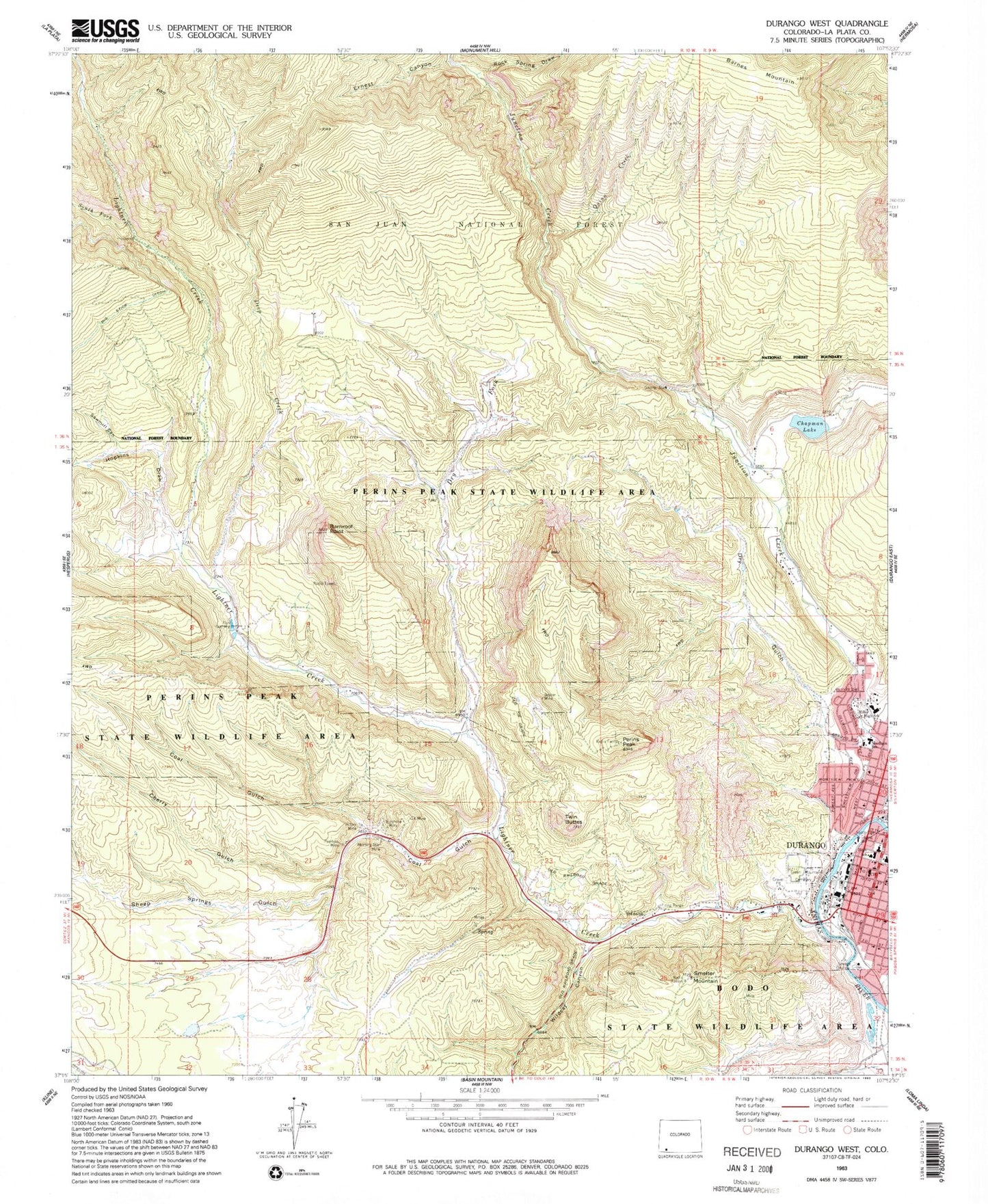 Classic USGS Durango West Colorado 7.5'x7.5' Topo Map Image