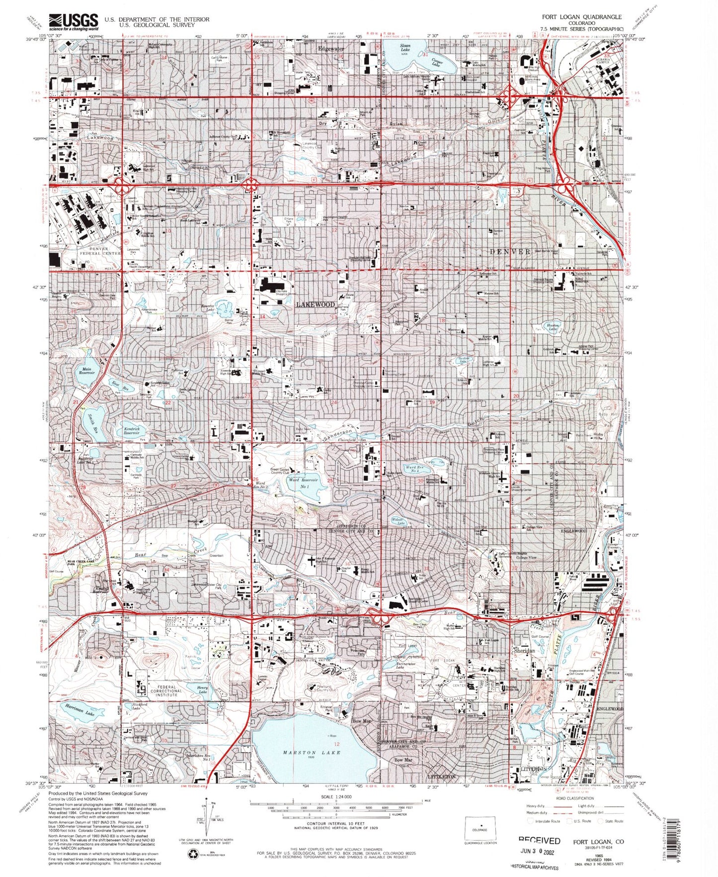 Classic USGS Fort Logan Colorado 7.5'x7.5' Topo Map Image